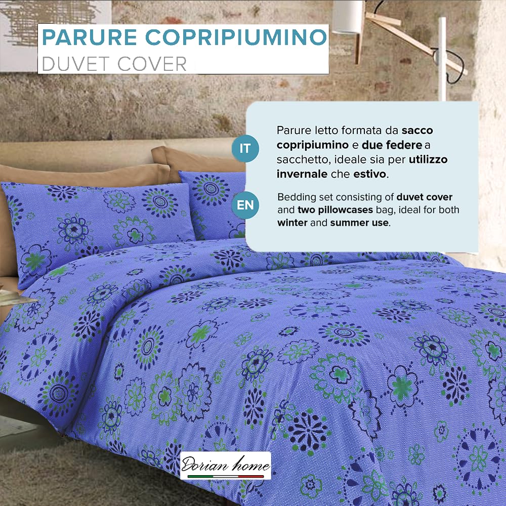Dorian Home Copripiumino Matrimoniale e Federe in Cotone Stampato Made in Italy (Opium Bluette, Matrimoniale, Parure Copripiumino)