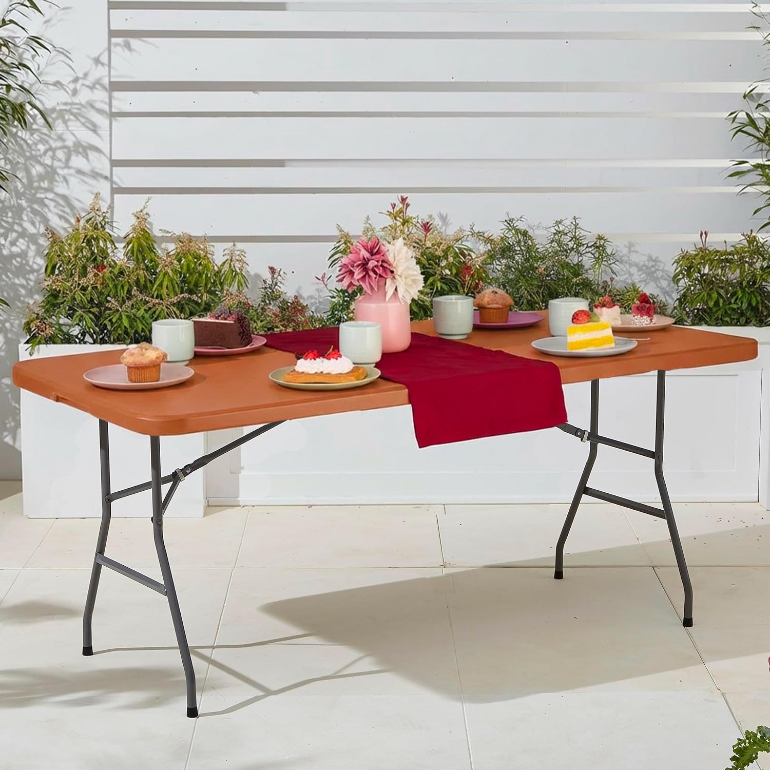 Avilia - Tavolo Pieghevole da Pranzo Salvaspazio per Cucina e Soggiorno, Richiudibile e Portatile con Blocco di Sicurezza, Superficie in HDPE per 6 Persone, 180x70x74 cm (Marrone)