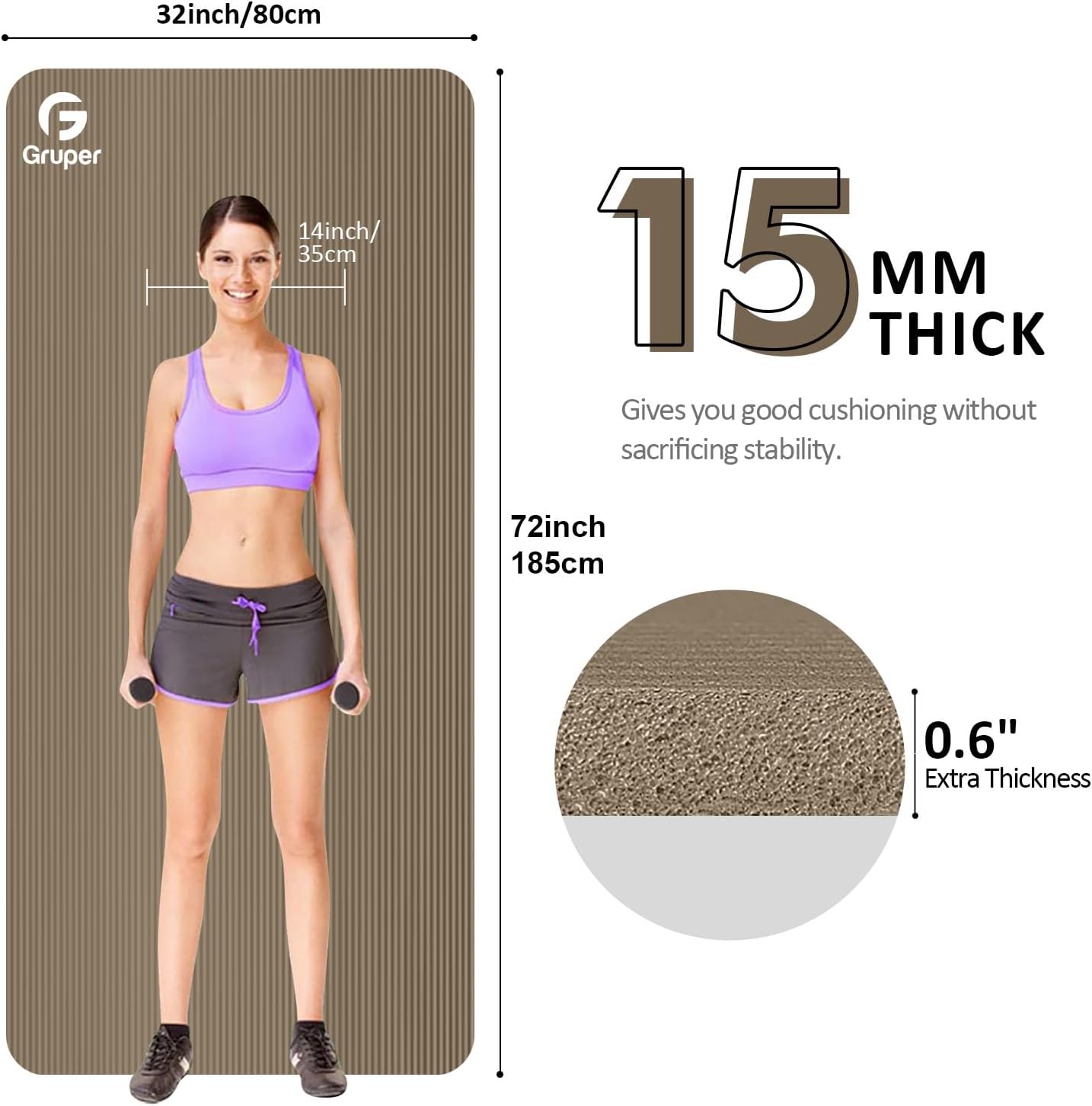Gruper Yoga Mat Non Slip NBR Extra Thick Yoga Mat, 72"L x 32"/24"W x 0.6"/0.4"TH (185cm x 80cm/61cm x 15mm/10mm), Anti-Tear Exercise Mat with Carrying Strap and Bag, Workout Mats for Yoga, Pilates - Image 2
