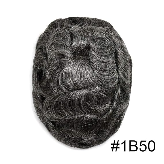 Hair Toupee for Men 100% European Human All V-loop Craft 0.03-0.06mm Ultra Thin Skin Hair Replacement Systems Mens Toupee Protesis Capilar Para Hombre8x10#1B50 1B# OFF BLACK+50% GRAY-90% density