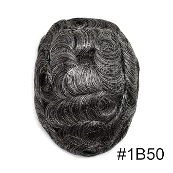 Hair Toupee for Men 100% European Human All V-loop Craft 0.03-0.06mm Ultra Thin Skin Hair Replacement Systems Mens Toupee Protesis Capilar Para Hombre8x10#1B50 1B# OFF BLACK+50% GRAY-90% density