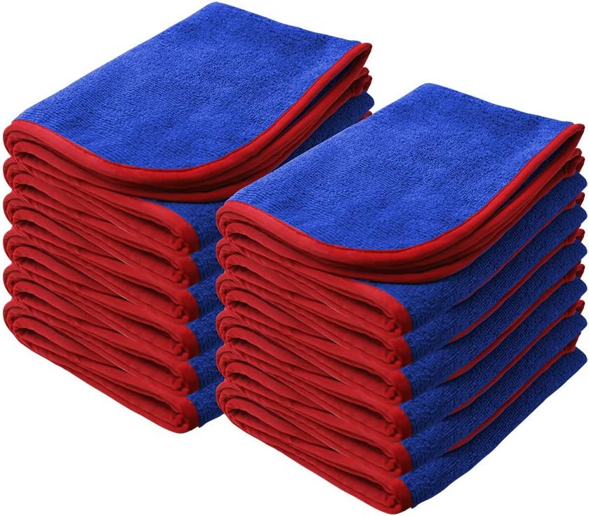 Nanoskin Power Shine Microfiber Towels, 12 Pack – 16" x 24", Blue with Red Silk Edge, 380 GSM, Ultra-Soft & Absorbent Cleaning Cloths for Cars, Detailing, Glass, and Home Use