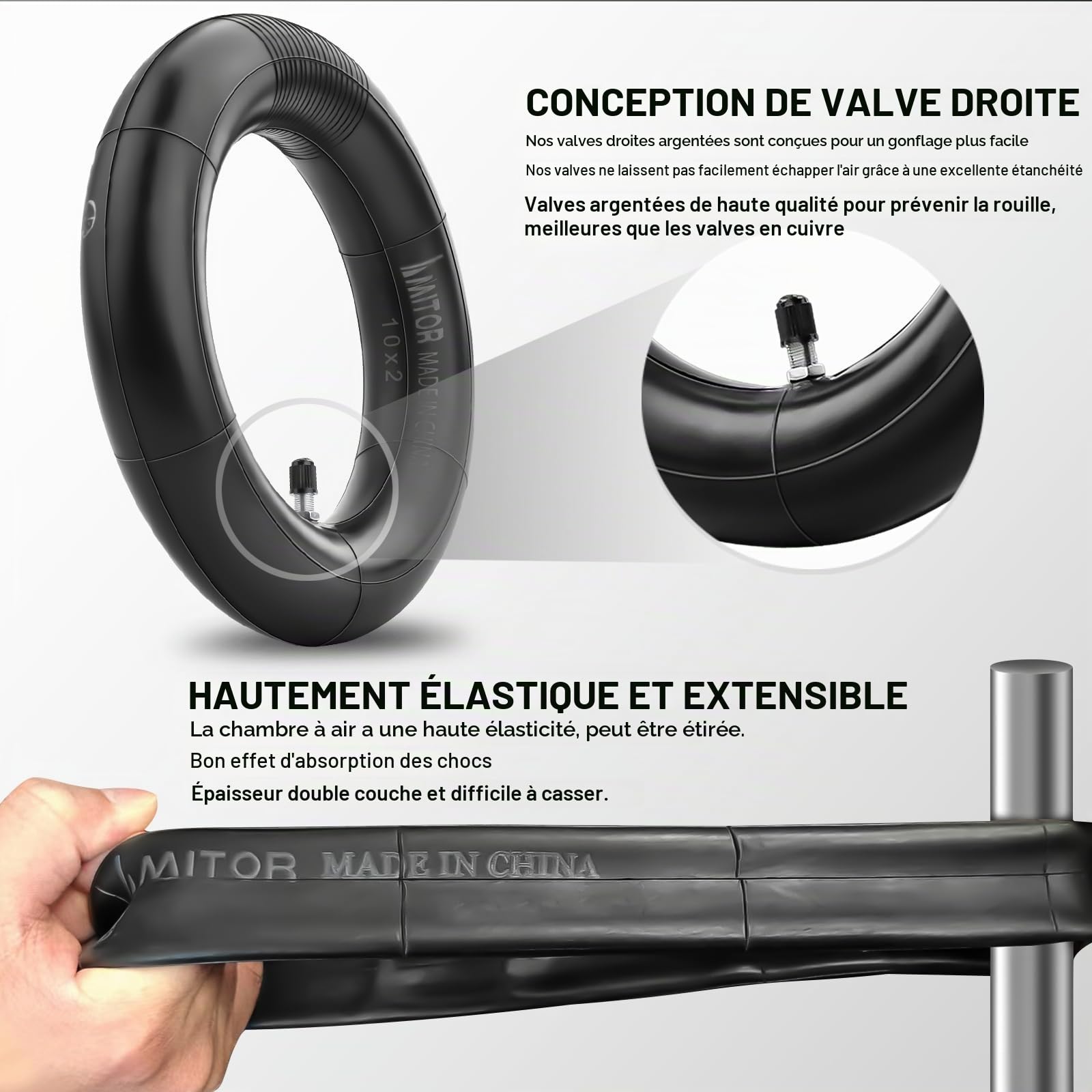 Chambre à Air 10x2 Renforcé, Chambre a Air Trotinette Electrique 10x2-6.1 10 Pouces avec Valve Droite Argentée, Haute Élasticité et Durabilité, 2MM Épaisseur, 2PCS
