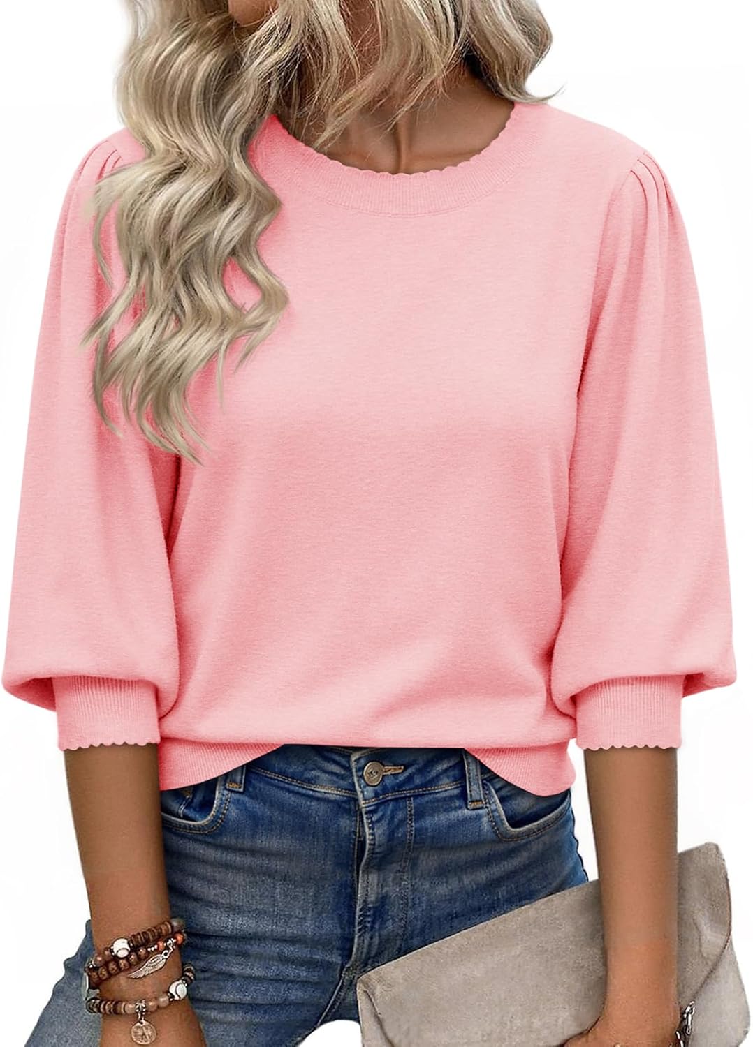 Cicy Bell Womens 3/4 Puff Sleeve Sweater Tops Fall Casual Crew Neck Lightweight Knit Pullover Loose Fit Scallop Trim Sweater