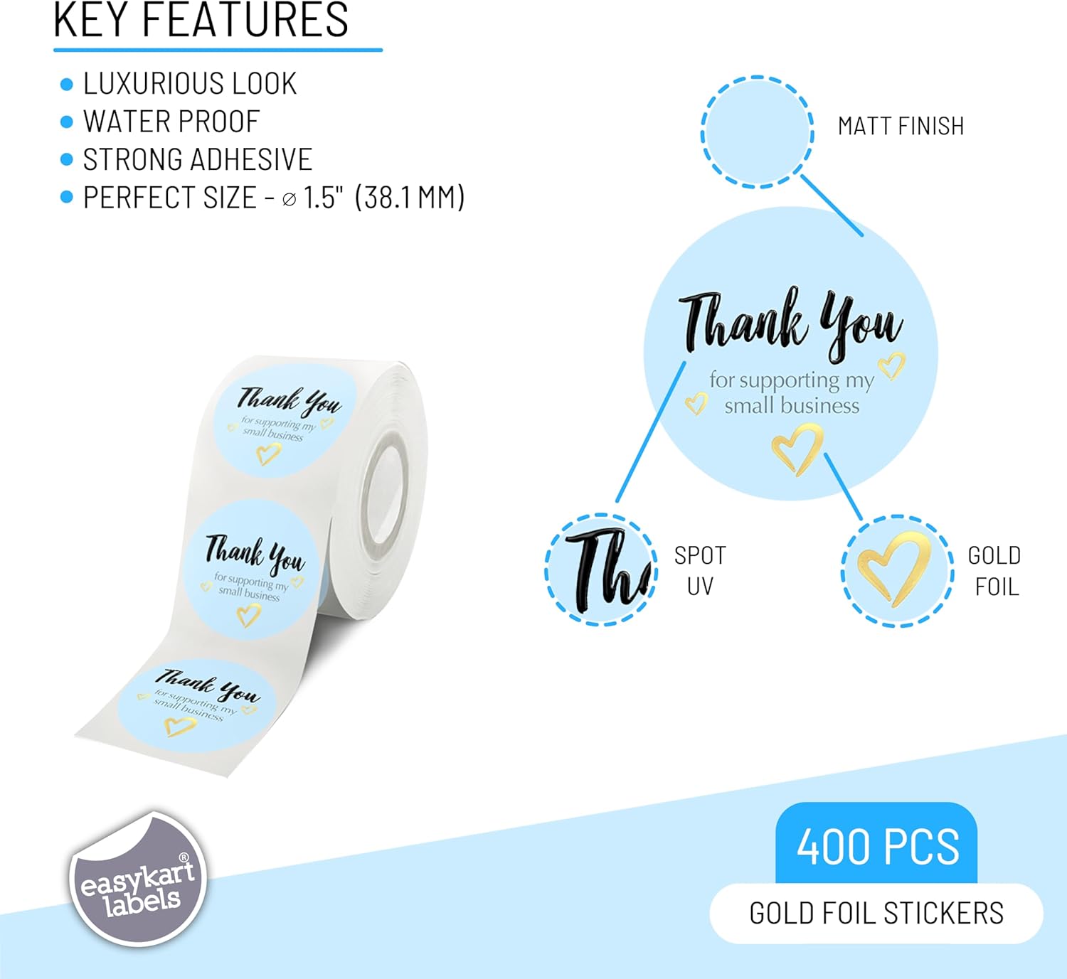 easykart labels 400 Thank You for Supporting My Small Business Sticker Labels | Light Blue Color with Gold Foil Hearts | 1.5" Round in Roll | Highly Recommended for Small Business Owners - Image 2