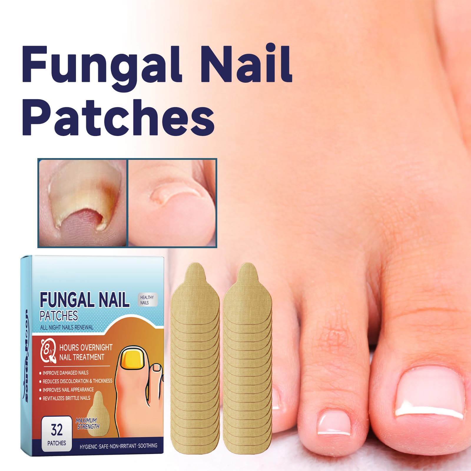 Fungal Nail Treatment Patches, 32 Count, 8-Hour Overnight Therapy, Maximum Strength, Beige - Image 2