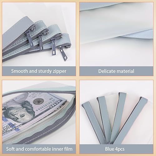 Miniatura 4 de Sobres de efectivo de 4 piezas con cremallera, bolsas transparentes de depósito bancario de 7.6 x 3.7 pulgadas, cartera de cheques multiusos (azul)