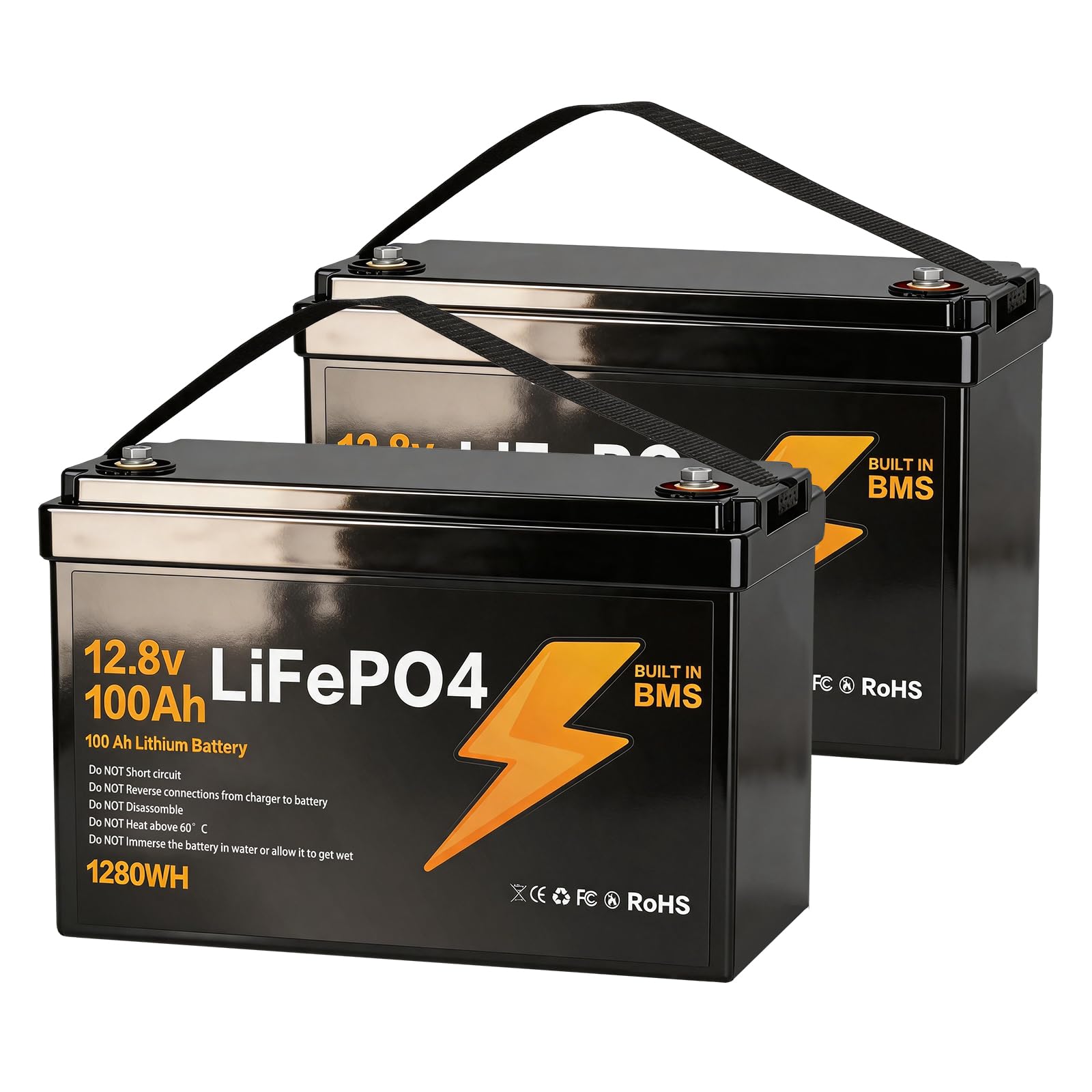 12V 100Ah LiFePO4 Battery, Lithium Battery 1280Wh with 100A BMS, Deep Discharge Proof with Low Temperature Protection IP65, Maximal 4P2S in Reihe und Parallel Schaltbar, 2 Stück