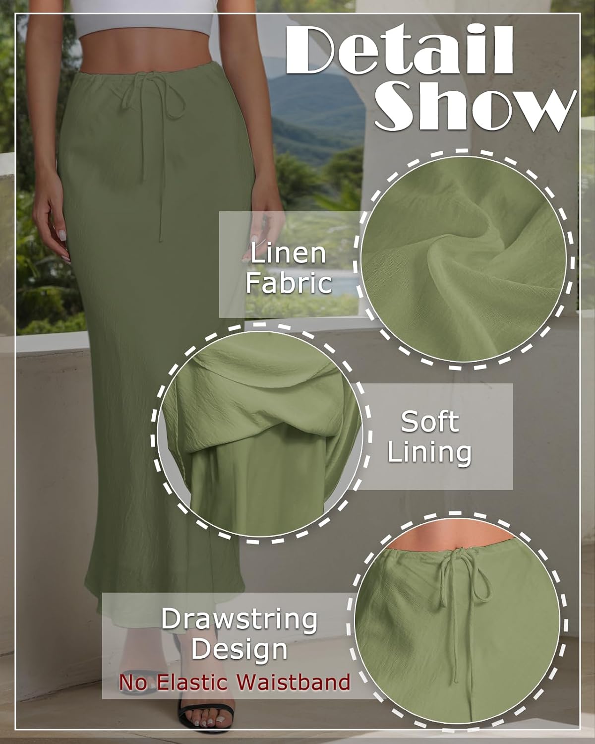 Women's Linen Drawstring Maxi Skirt High Waisted Flowy Flared A-Line Long Skirts with Lining - Image 5