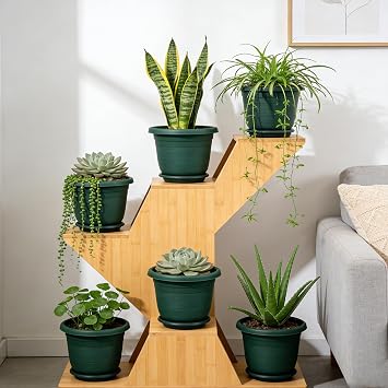 Plastic Plant Pots Indoor Outdoor 6 Pack 15.5cm/6.1-in Flower Pots with Drainage Holes and Tray, Modern Decorative Planter Pot for All House Plants - Green
