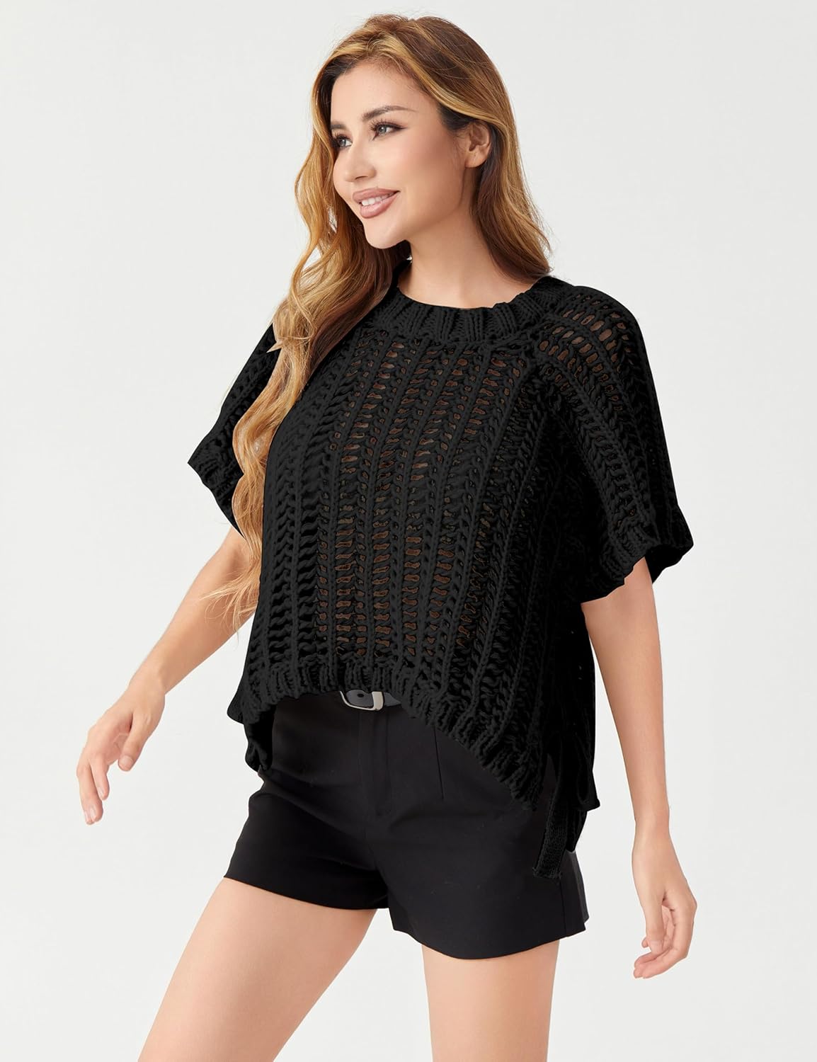 Womens Crochet Knit Sweater Vest Crop Top Cute Loose Fit Short Sleeve Side Bow Tie Hollow Out Pullover Tank Tops - Image 2