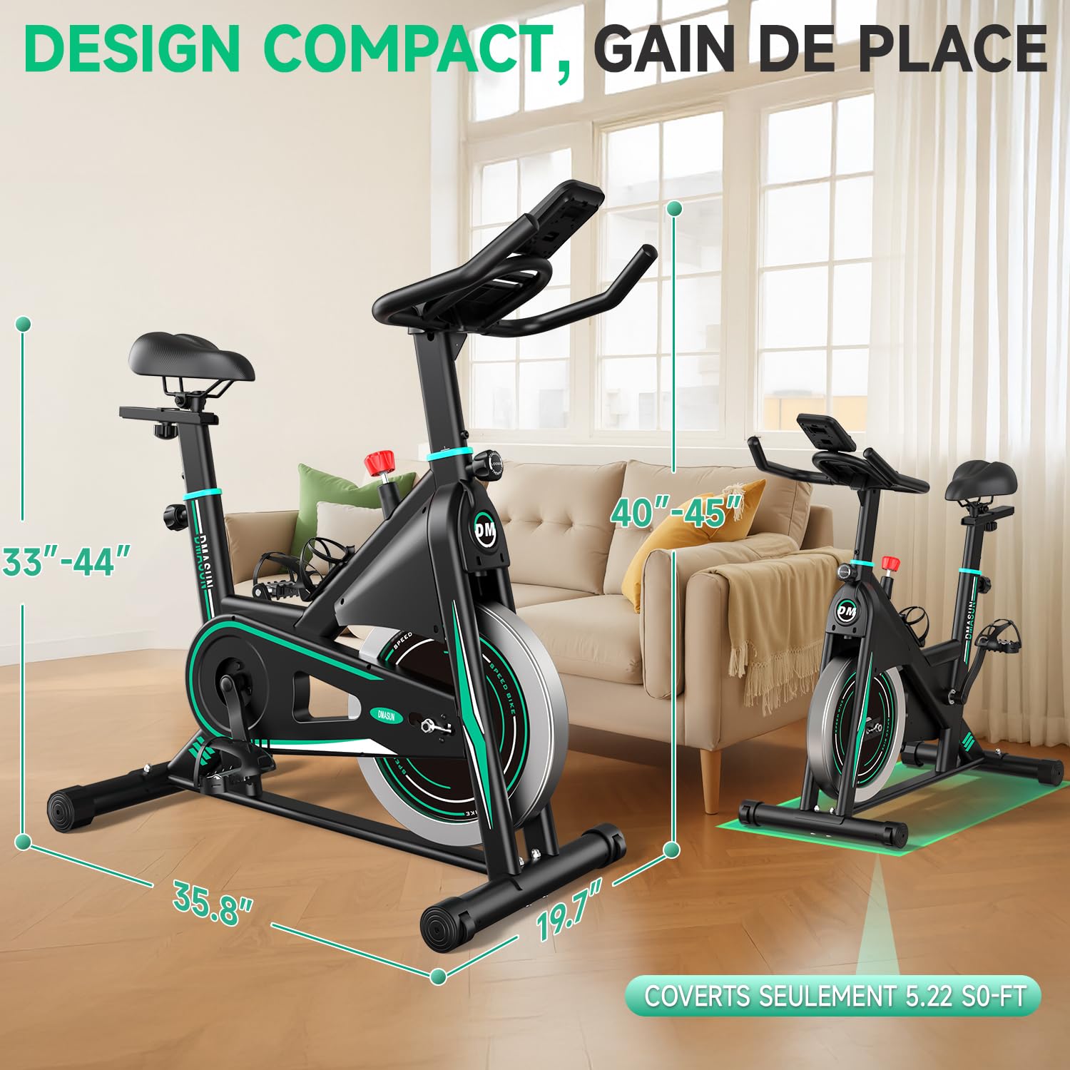 DMASUN Velo d appartement, Vélo d'appartement Silencieux, 0-100% Résistance Réglable, Vélo d'intérieur pour Entraînement Cardio avec Écran LCD, Support pour Tablette, Siège Confortable, Capacité 160kg