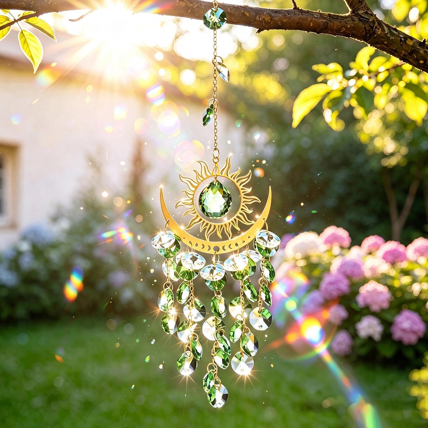 Atrapasueños Sol Luna Cristal Campanillas Viento Coloridas 38cm Verde | Prismas Colgantes Decoración Jardín Patio Techo Habitación Boho