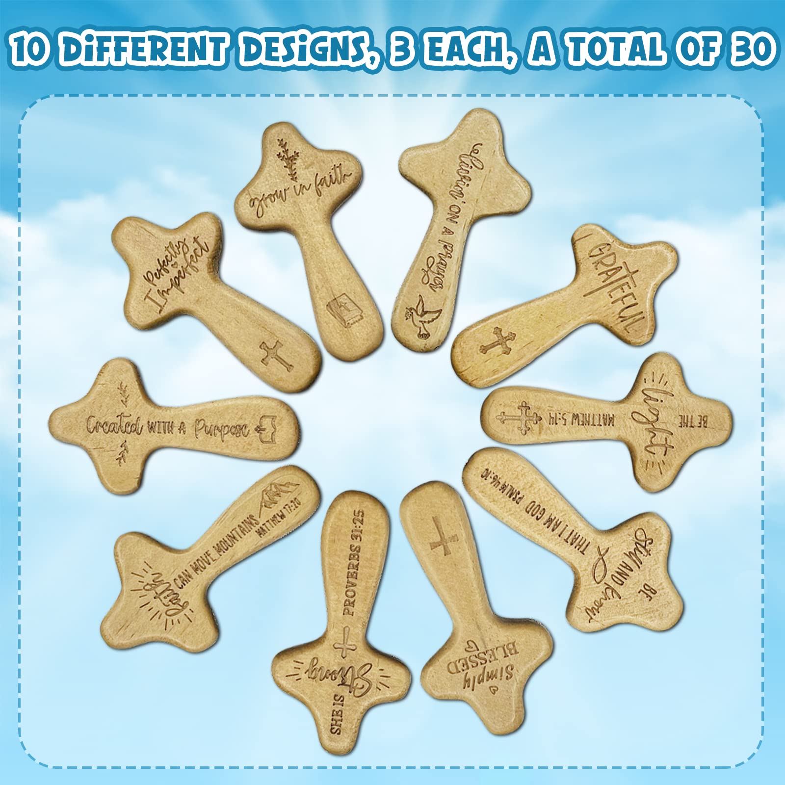 30 Pack Mini Wood Holding Hand Crosses with Christian Quotes, Velvet Bags and Prayer Cards for Christmas Christian Church Jesus Cross Gift