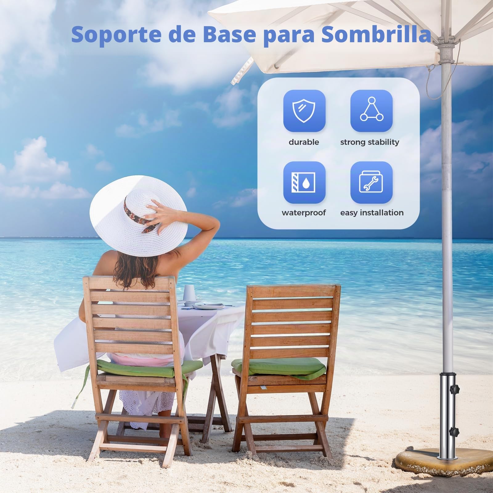 Soporte Sombrilla de Acero Inoxidable Parasol | Base Tube para Sombrilla con 3 Anillos Reductores de PVC (Ø32mm/40mm/50mm) para Exteriores Jardín Patio Balcón