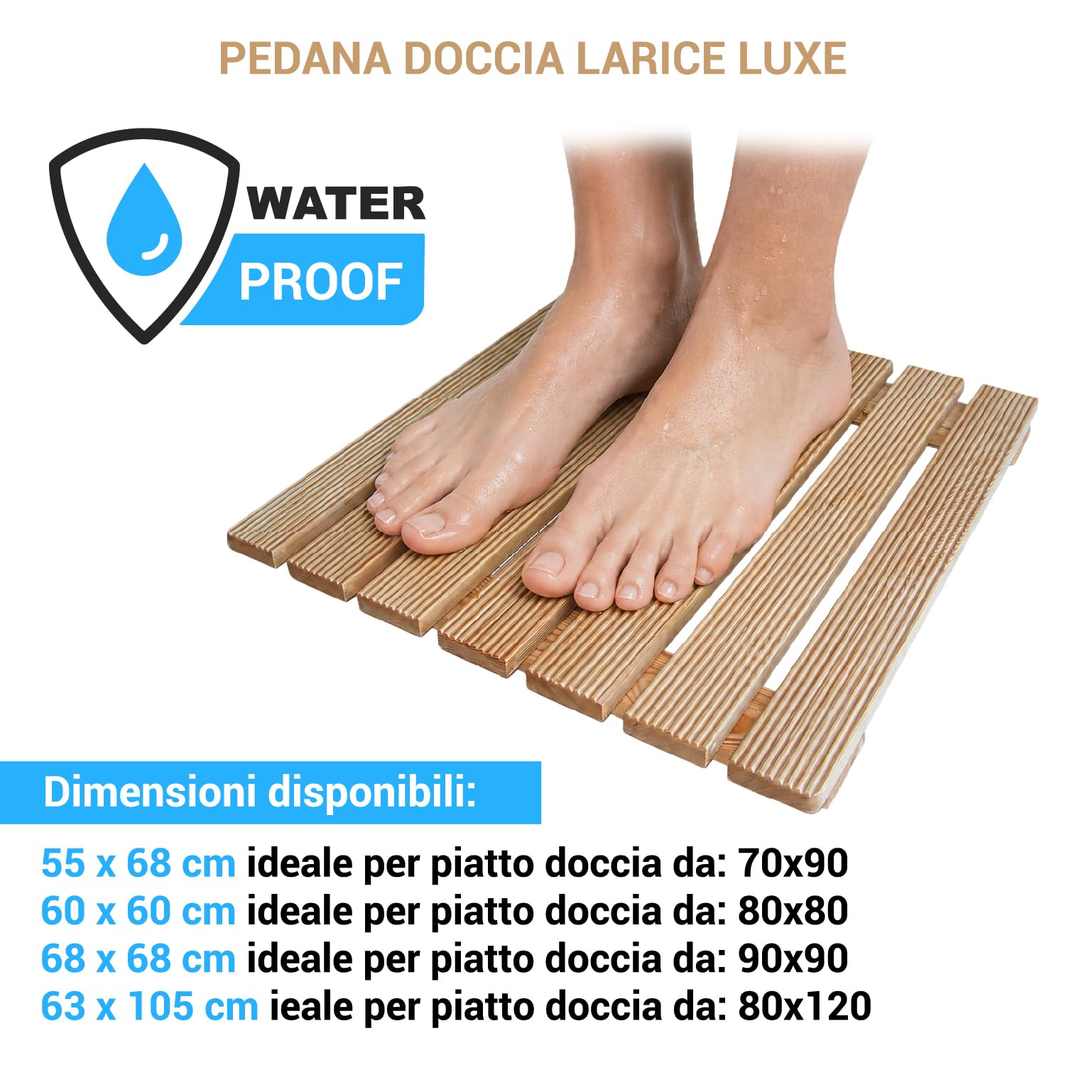 Crisalide® - Pedana Doccia Larice LUXE 60 x 60 cm, in Legno Massello Waterproof, Antiscivolo con Doghe Drenanti e Piedini, Ideale per Piatto Doccia 80 x 80 cm