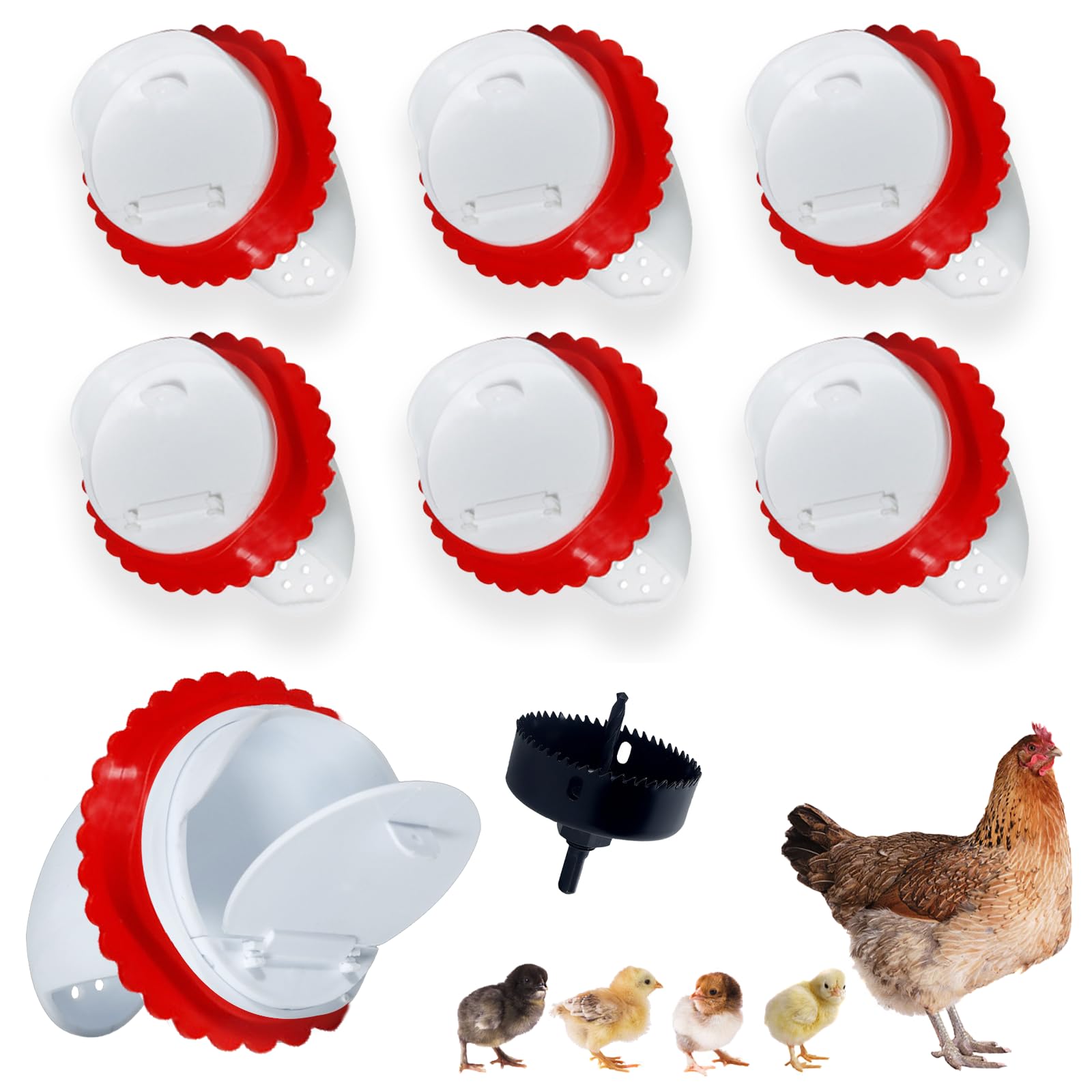 Chicken Feeders No Waste, Rain-Proof Rodent Proof Automatic Chicken Feeder Port kit, Gravity Feeder with Lid has 6 Ports -1 Hole Saw Suitable for Buckets, Barrels, Bins, Troughs (White-6pcs)