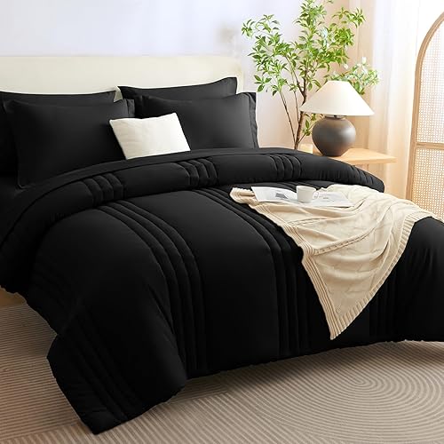 Miniatura 9 de CozyLux Juego de edredón Queen de 7 piezas, edredón negro tamaño Queen, juego de cama suave con edredón, sábanas, fundas de almohada y fundas de