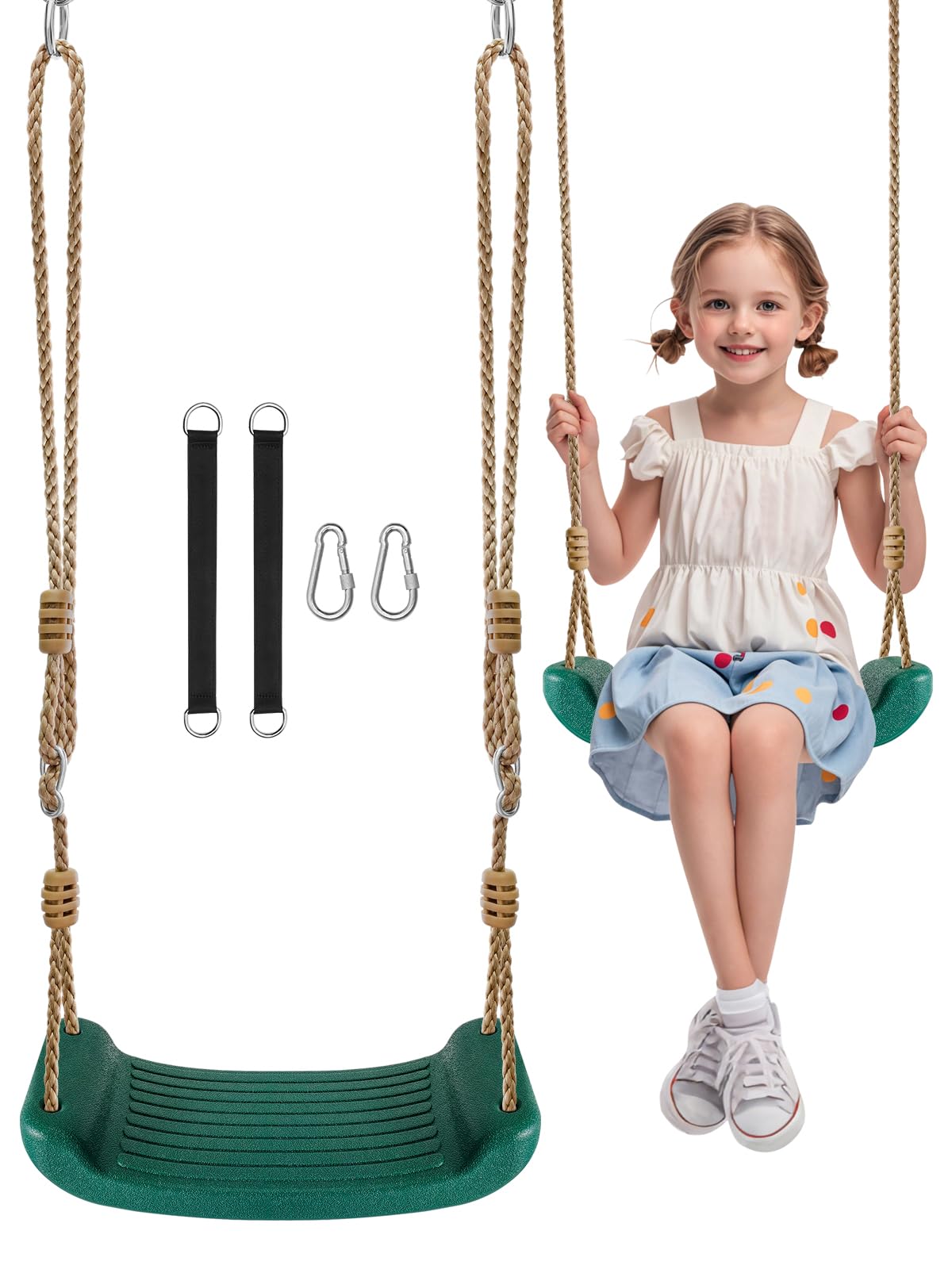 Fionrziy Schaukel,Höhenverstellbare Kinderschaukel Outdoor Indoor,Schaukelsitz mit 2er Hängematte Gurte und 2er Karabinern für Garten,bis 100 kg Belastbar,Grün
