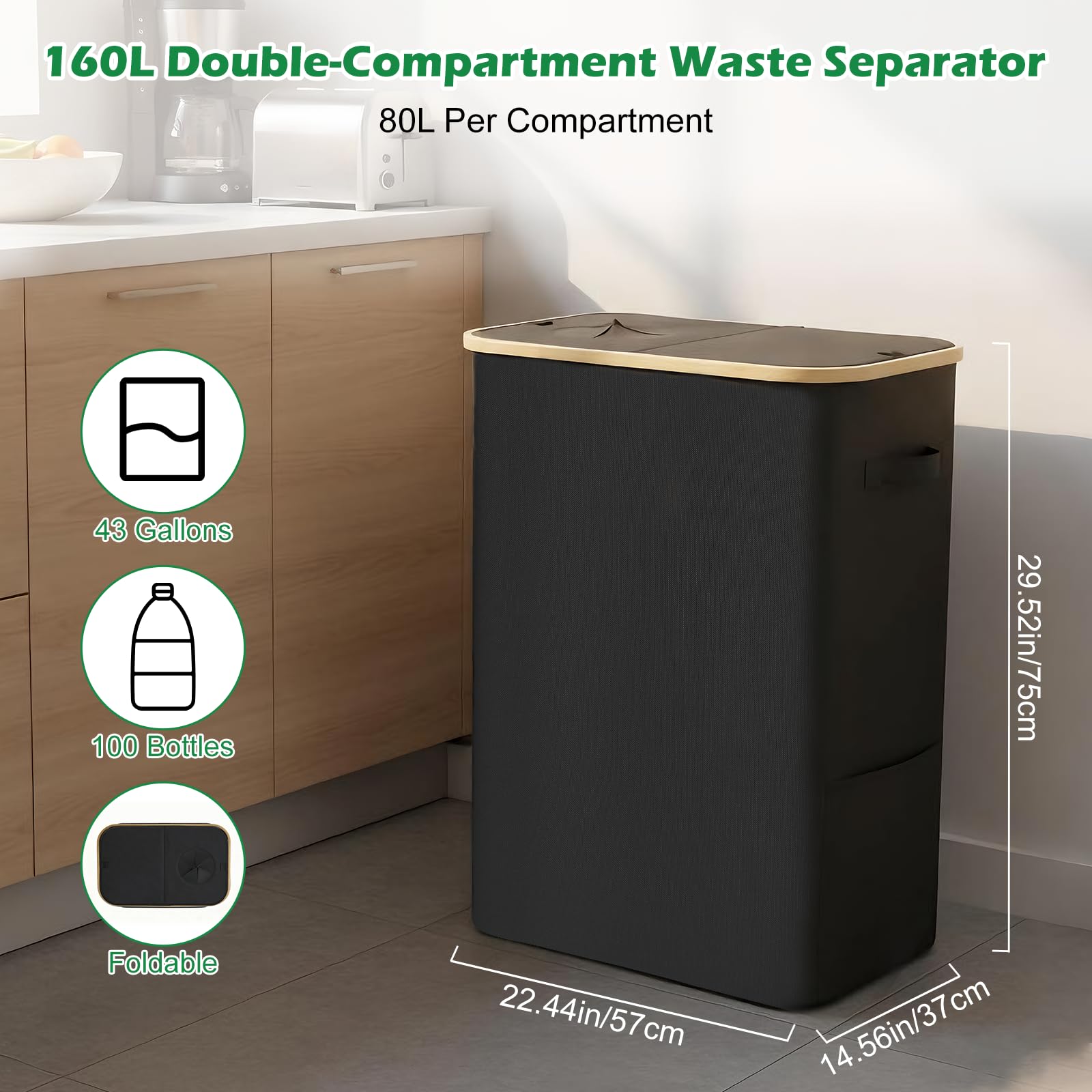 160L Collecteur de Bouteilles Avec Couvercle, 2 Compartiments Poubelle de Recyclage Poubelle Tri Selectif pour Plastique, Bouteilles Verre, Poubelle Exterieur de Recyclage avec Trou,