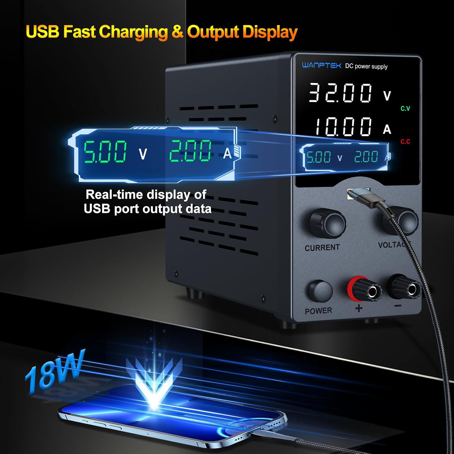 Wanptek DC Power Supply Variable 30V 10A, Bench Power Supply with Encoder Adjustments Knob, USB Fast Charge Port with Output Current Display, 4-Digit LED Display