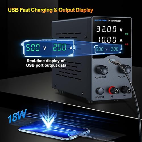 Miniatura 3 de Wanptek - Fuente de alimentación CC variable de 30 V 10 A, fuentes de alimentación de banco con perilla de ajustes de codificador, puerto de carga