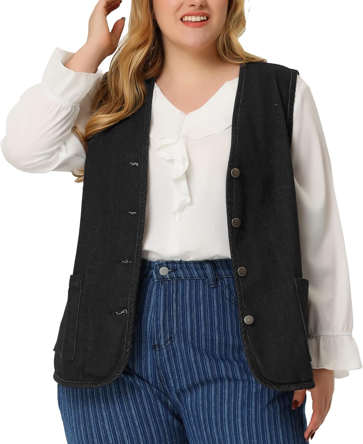 Agnes Orinda Plus Size Denim Vest Top for Women Button Down V Neck Waistcoat Sleeveless Jean Jacket Vests - Image 2