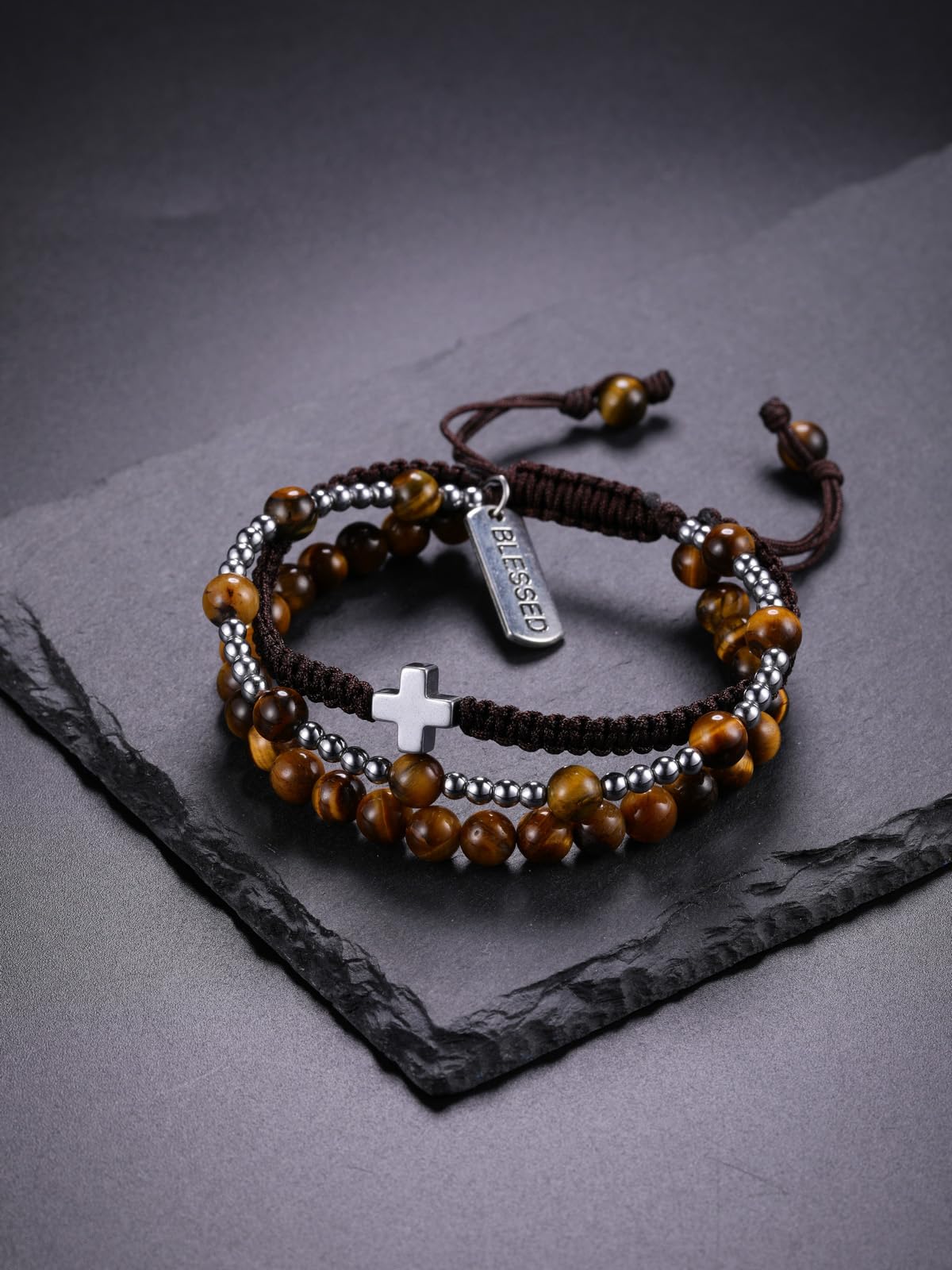 WZGWDC Herren-Armband mit Amethyst, Tigerauge, Obsidian, Kristall, Edelstein, Heilperlen, Armband für Männer, Herren-Kreuz-Armband, Schmuck, Geschenke für Männer und Frauen