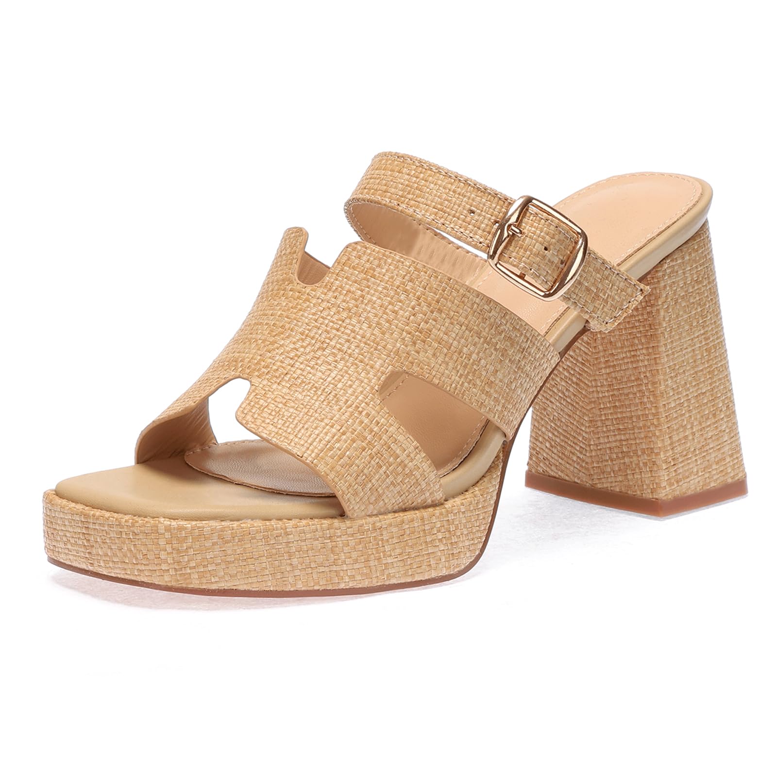 Monrovia Raffia Heeled Sandals for Women,Platform Wedge Slip On Block Heel, Dressy Summer Open Toe Chunky High Heel Vacation Beach Slides Sandals