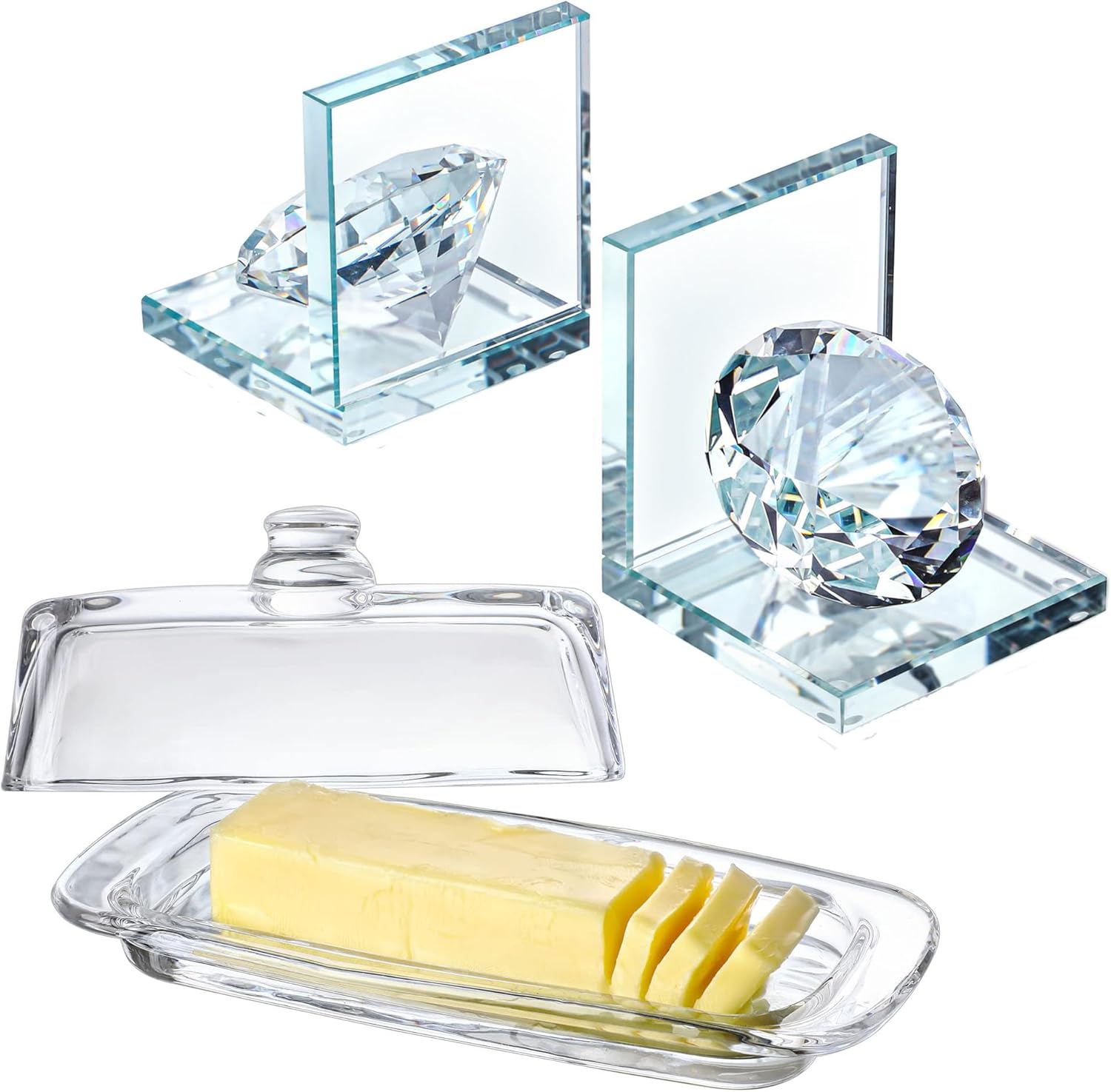 Crystal Bookends with Diamond And Glass Butter Dish with Lid