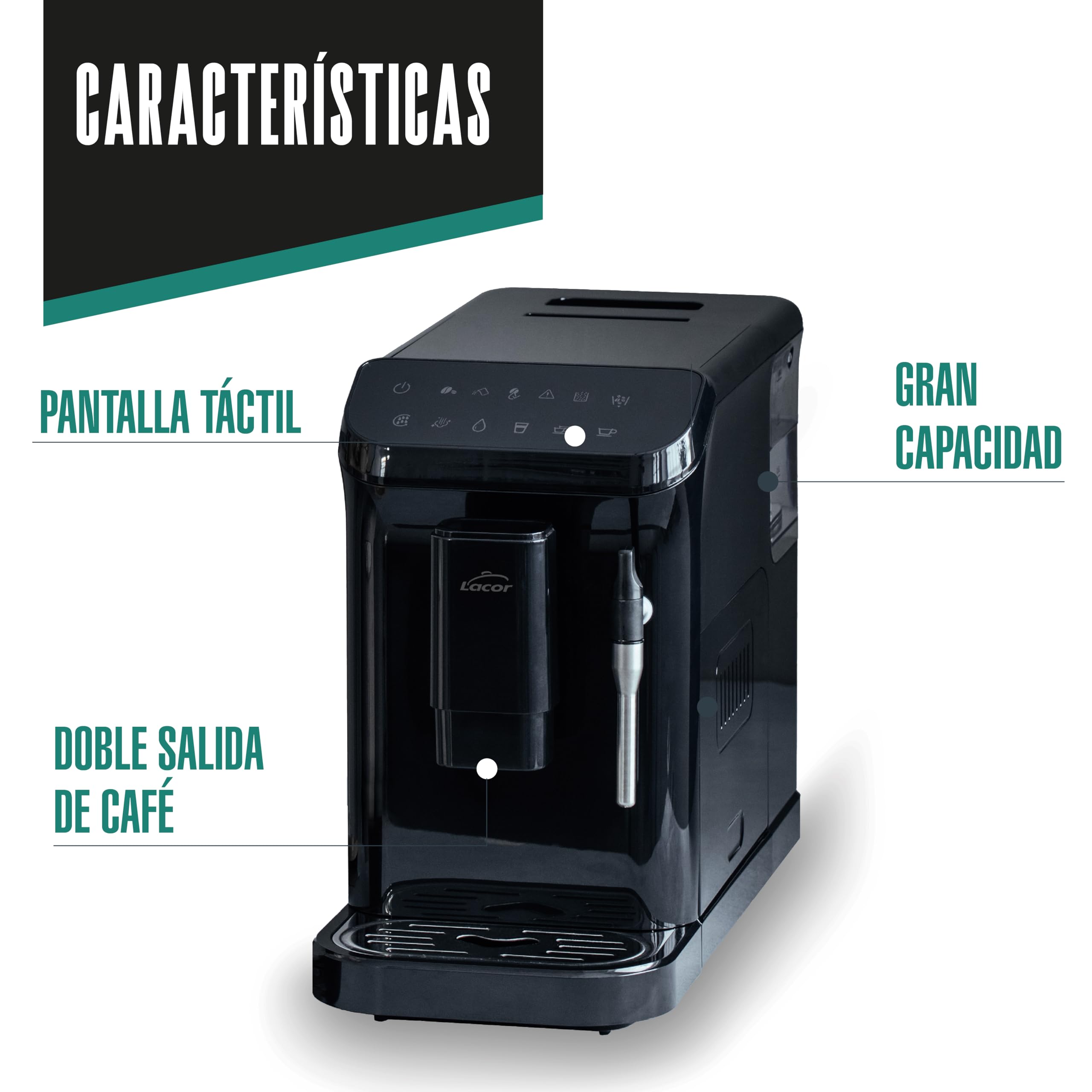 LACOR 69435 - Cafetera Automática Sabore, Café Recién Molido, Sistema | Para un café intenso en casa; ideal para el uso diario tanto en cocina profesional como en el hogar, con un acabado cuidado