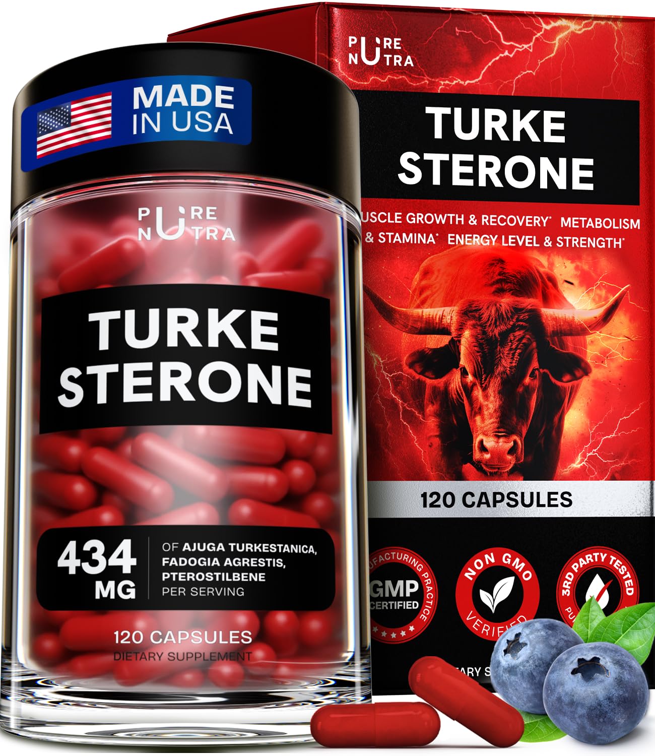 Turkesterone Supplement for Men - Organic Turkesterone Supplement for Muscle Growth w/Fadogia Agrestis Pterostilbene | Complexed Turkesterone Powder | 120 Turkestrone Vegan Capsules 1 Pack