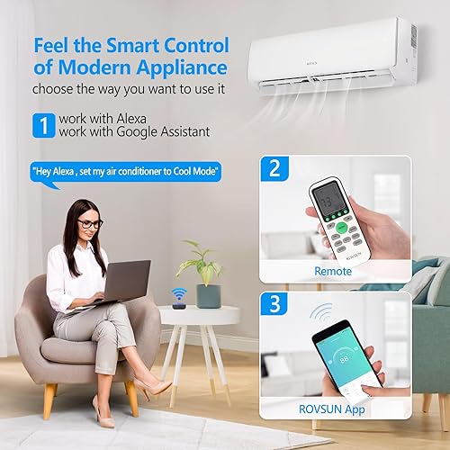 Miniatura 4 de ROVSUN Aire acondicionado y calentador mini split habilitado para Wifi de 11000BTU, 17 SEER2 115V inversor de pared sin conductos, unidad de CA con