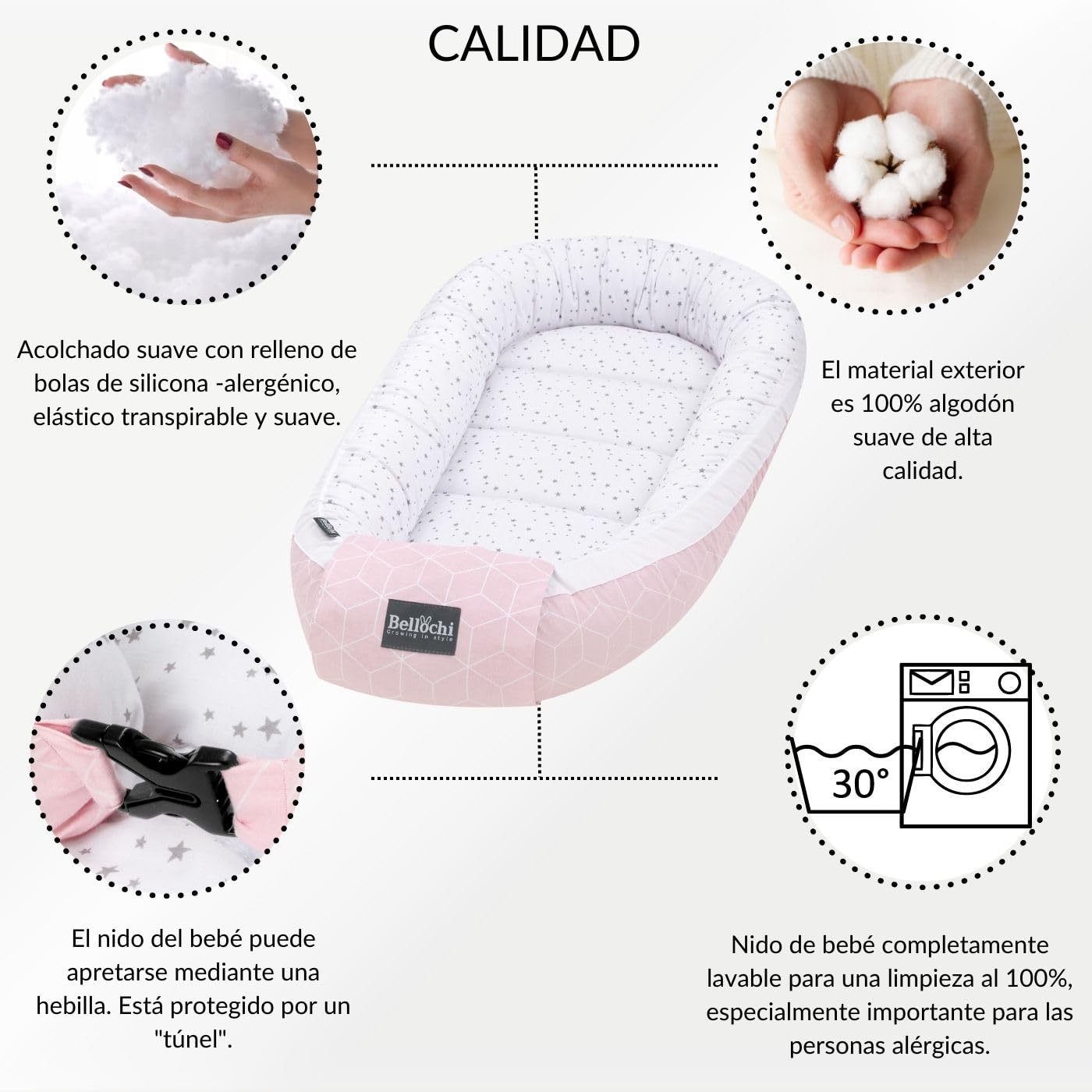 Bellochi Nido Bebe Recien Nacido, Reductor de Cuna Nido para Bebe - 100% Algodón - Oeko-Tex Certificado - 90x60x12cm con Bordes Protectores - Aurora