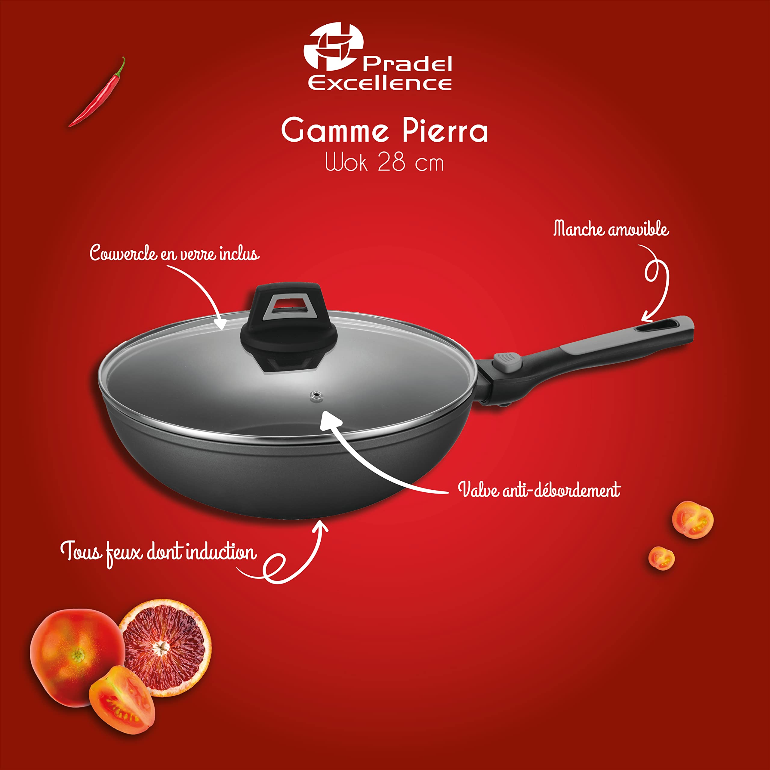 Pradel Excellence, P0002416/54885Mn, Pierra Wok 28 Cm Interior Piedra Exterior Negro, Grosor 2,5/4,0 Mm, Aluminio, Forma Redonda