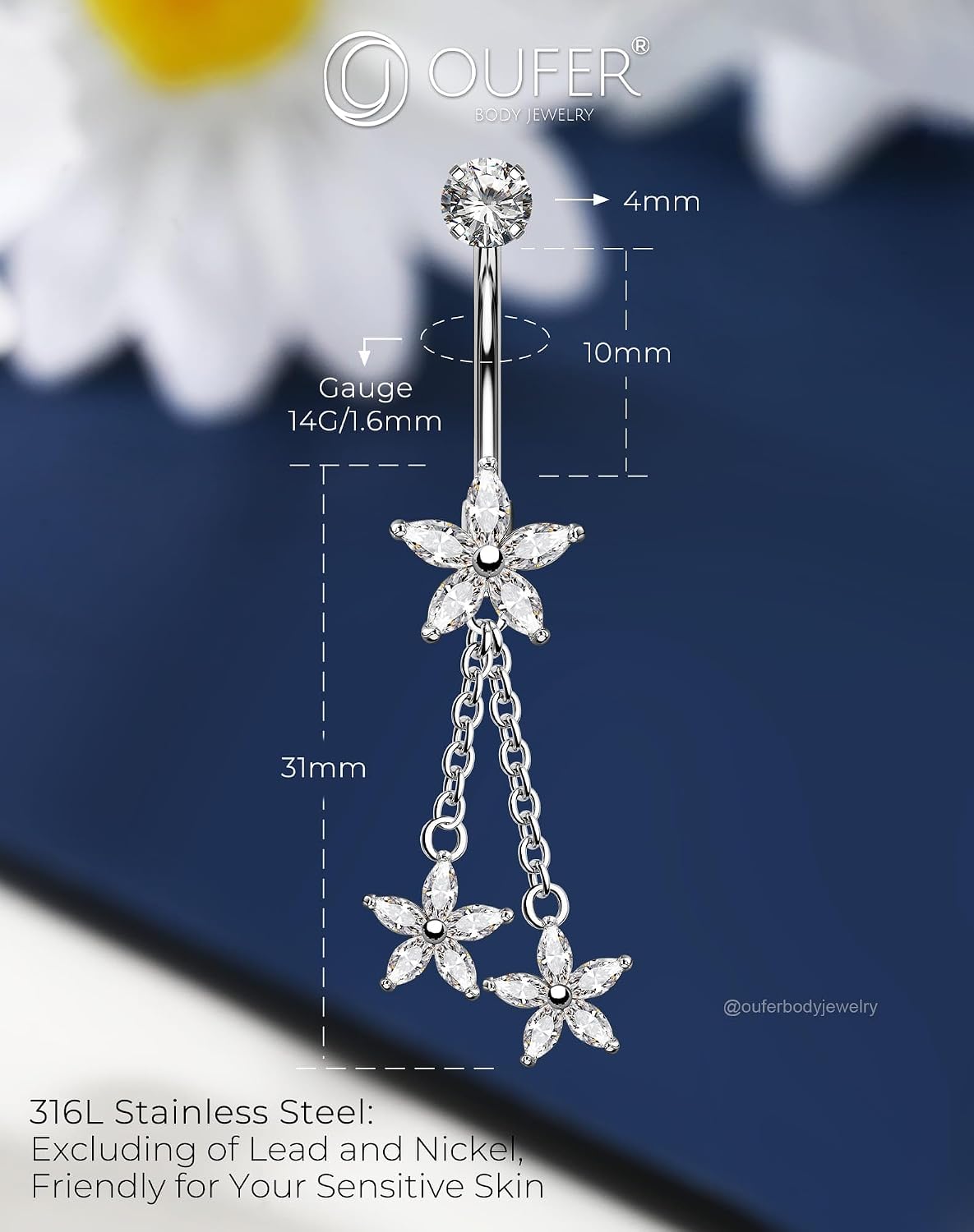 OUFER 14G Flower Dangle Belly Button Ring 316L Surgical Stainless Steel CZ Navel Ring Silver Gold Hypoallergenic Body Jewelry for Women