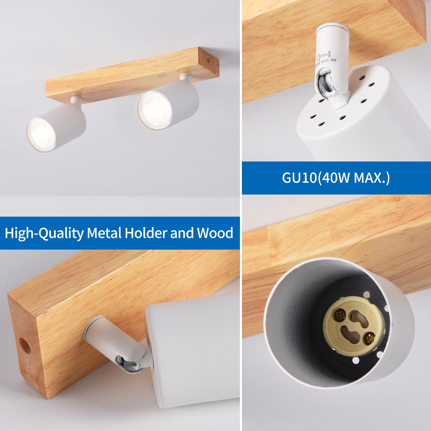ANWIO Plafonnier Spots, 2 Spots de Plafond Led Intérieurs Base GU10, Spots de Plafond Blancs avec Base Rectangulaire, Spots de Plafond LED Rotatifs (Sans Ampoules).