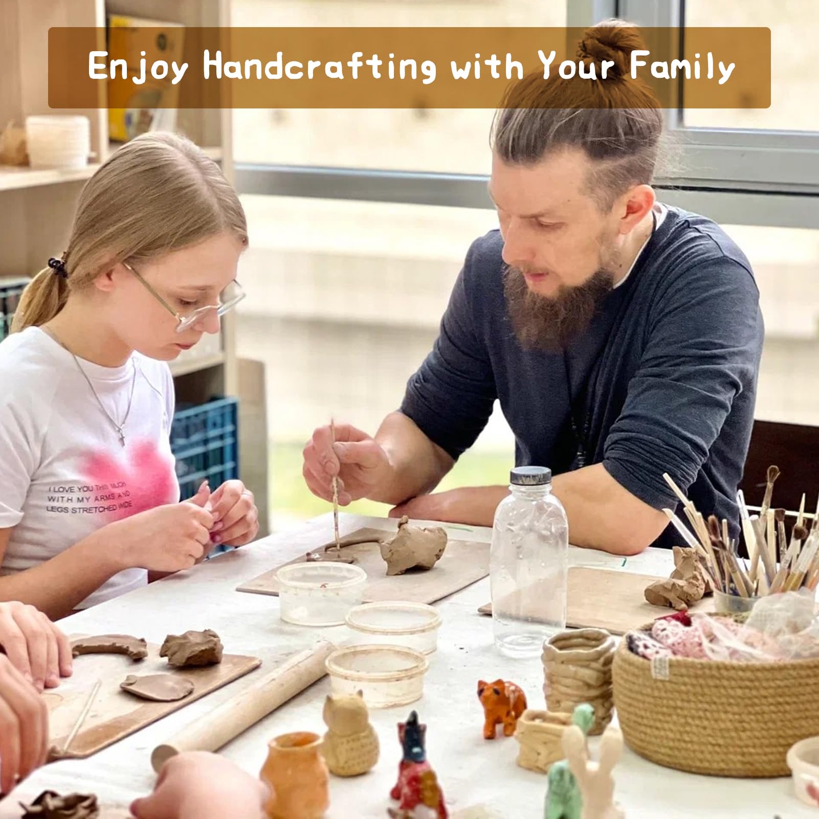 Air Dry Clay Kit for Adults,66 Pcs Beginners Pottery Kit,Craft Clay Kit Includes 4.4Lbs Air Dry Clay,Tools, Paints,Brushes,Gloss Varnish,Sand Papers,Non-stick Rolling Pin,Storage Bag,Christmas Gift