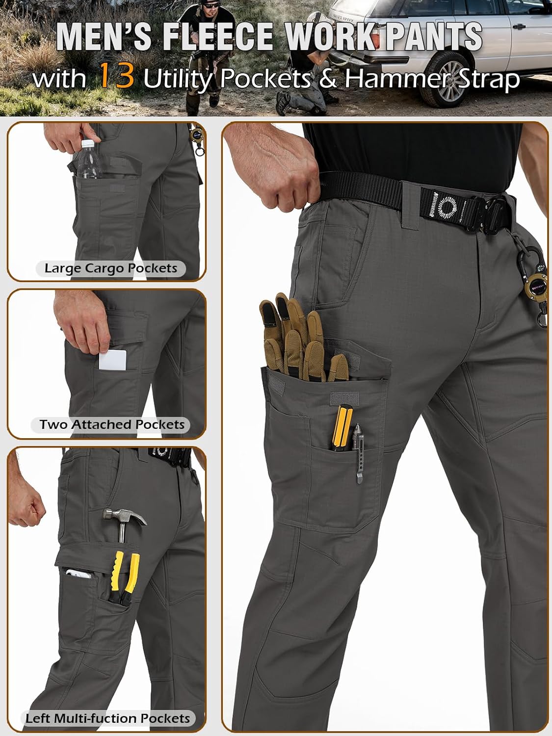 CARWORNIC Men's Ripstop Fleece Lined Tactical Work Pants Warm Water Resistant Flex Utility Cargo Skiing Hiking Pants - Image 5