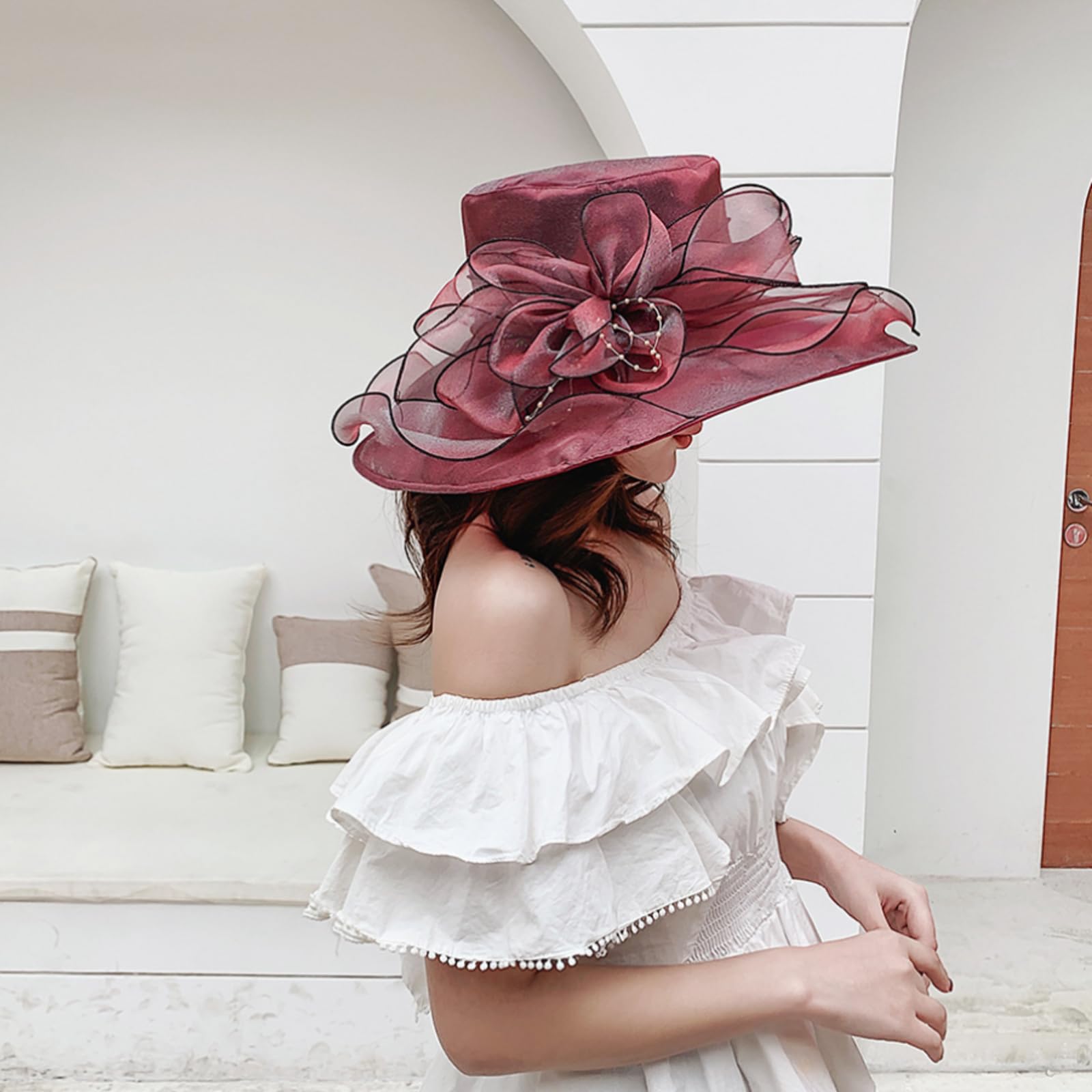 Damen-Fascinator aus Organza, Kirche, Braut, Teeparty, Hochzeit, Sommer, Rüschen, Blume, breite Krempe, Strand-Sonnenhut
