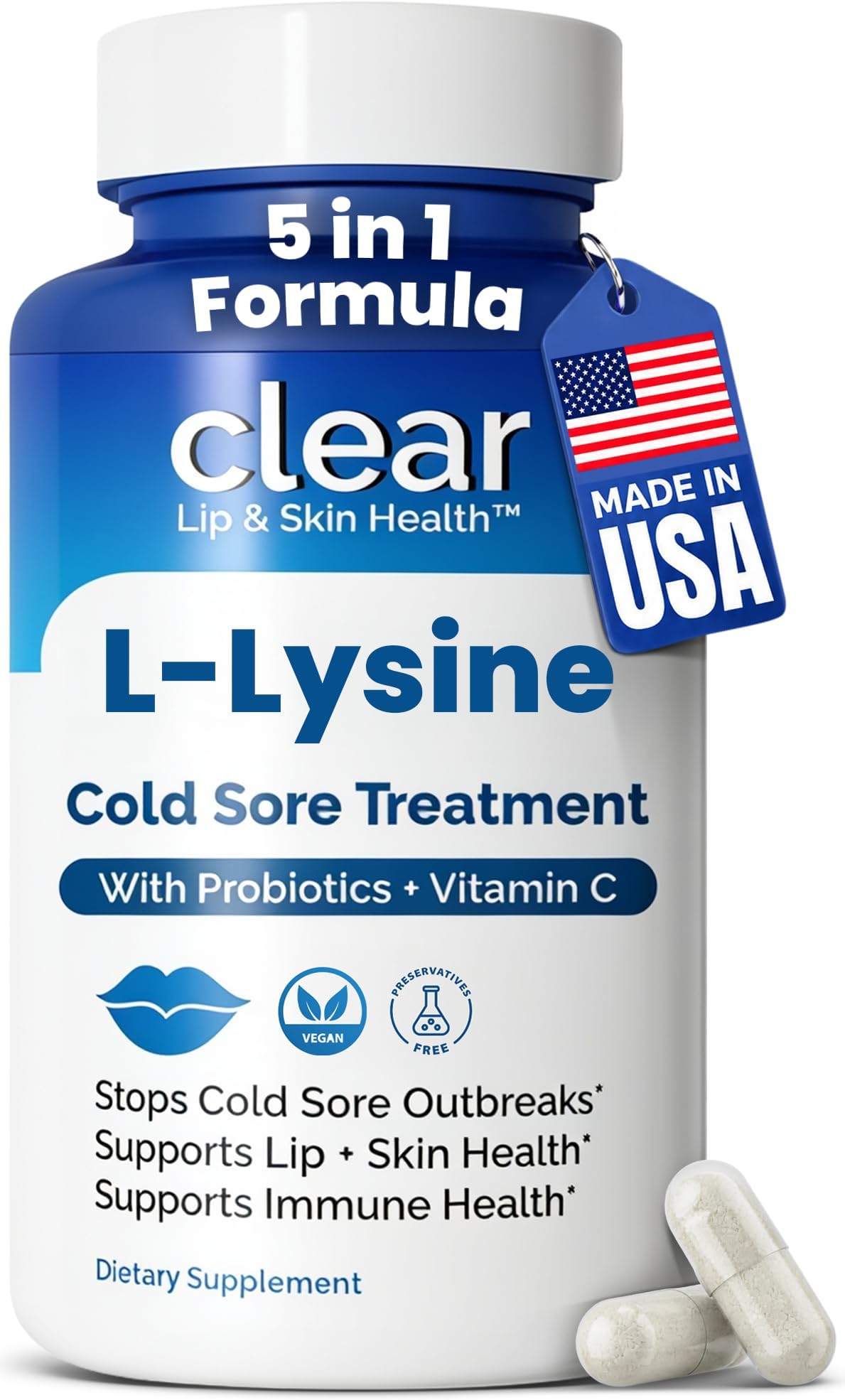Lysine Cold Sore Treatment, L-Lysine Capsules with Probiotics & Vitamin C | Stops Outbreaks Before They Start, Internal Lysine Defense, Not A Topical Cover-up For Cold Sores