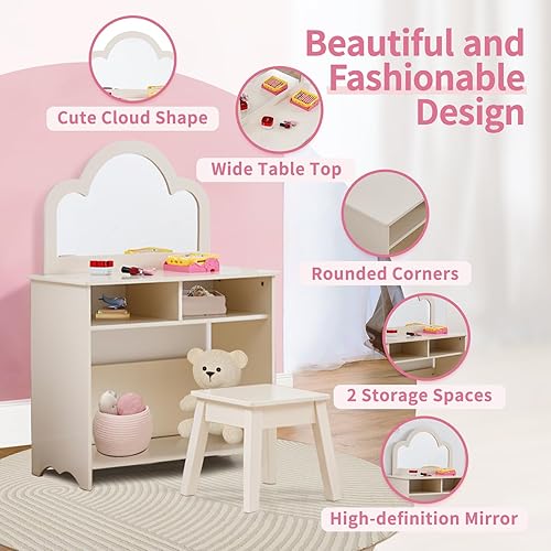 Miniatura 2 de Vanity - Juego de tocador para niñas con espejo y taburete, tocador para niños con espejo de nube, 2 cajones, juego de tocador para niños con espejo