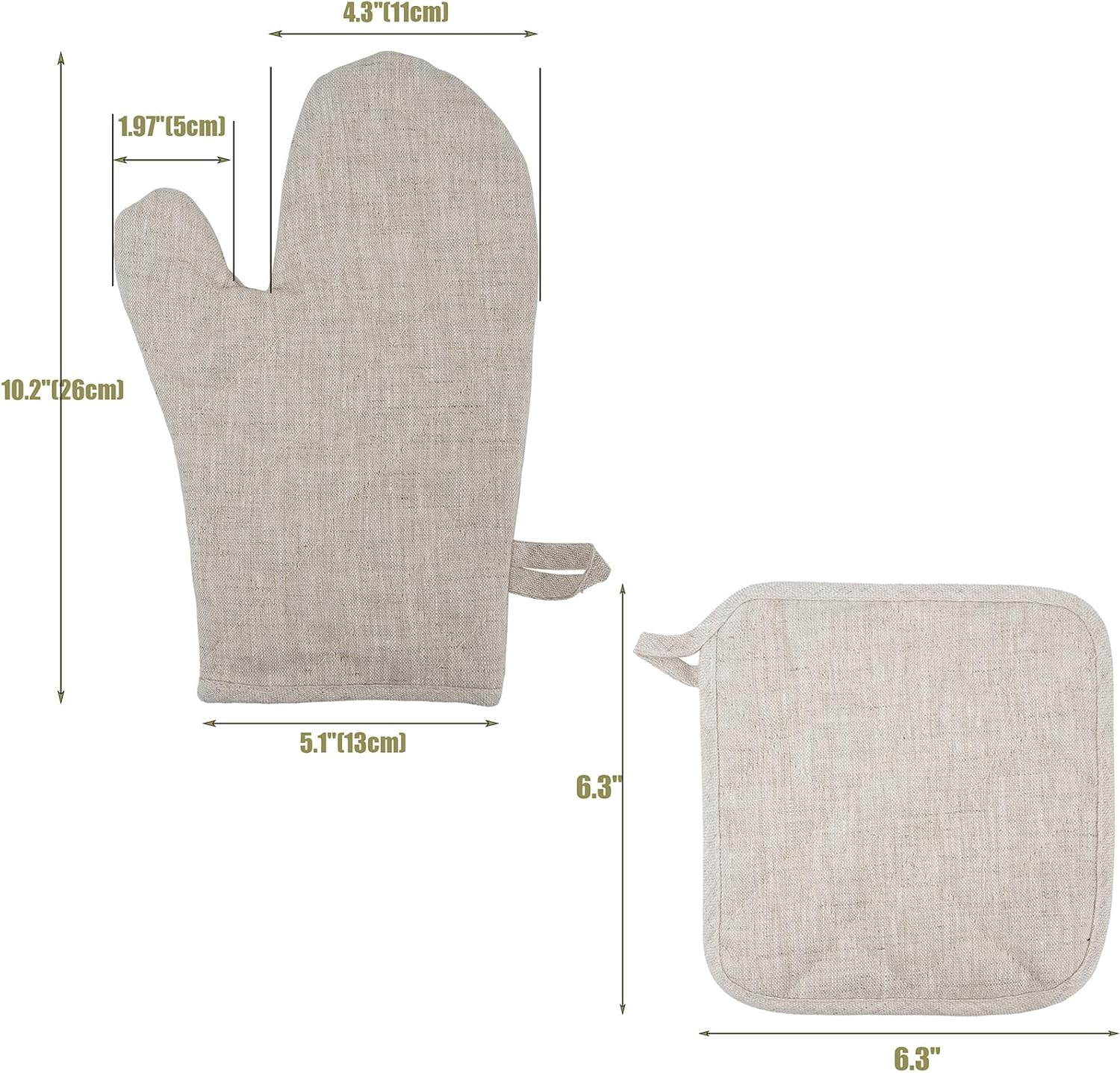 100% Linen Oven Mitts and Pot Holders Sets, Double Linen Layer, Cotton Lining & Hanging Loop, Heat Resistant Kitchen Hot Pads and Mitts for Cooking Kitchenaid- Linen