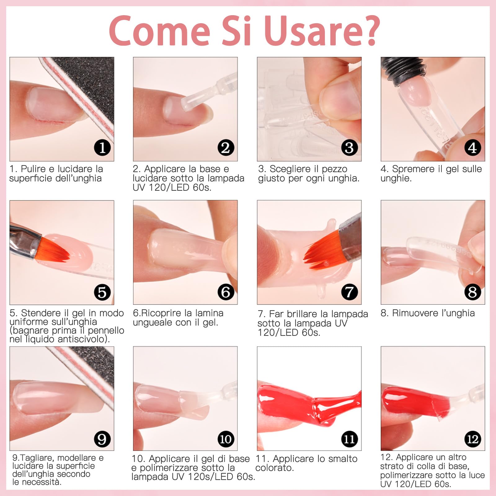 Polygel per Unghie, Acrygel Unghie Ricostruzione, 100 * Tip in Gel, Trasparente e Rosa 30g, con 30ml Soluzione Scivolare 15ml Base e TopCoat