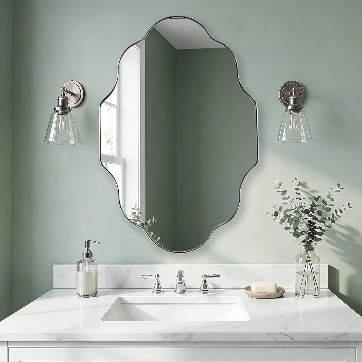 ANDY STAR Brushed Nickel Scalloped Oval Mirror, 24x36 Wavy Oval Bathroom Mirror for Vanity, Irregular Wavy Mirror for Entryway, Bedroom, Anti-Rust Stainless Steel Frame