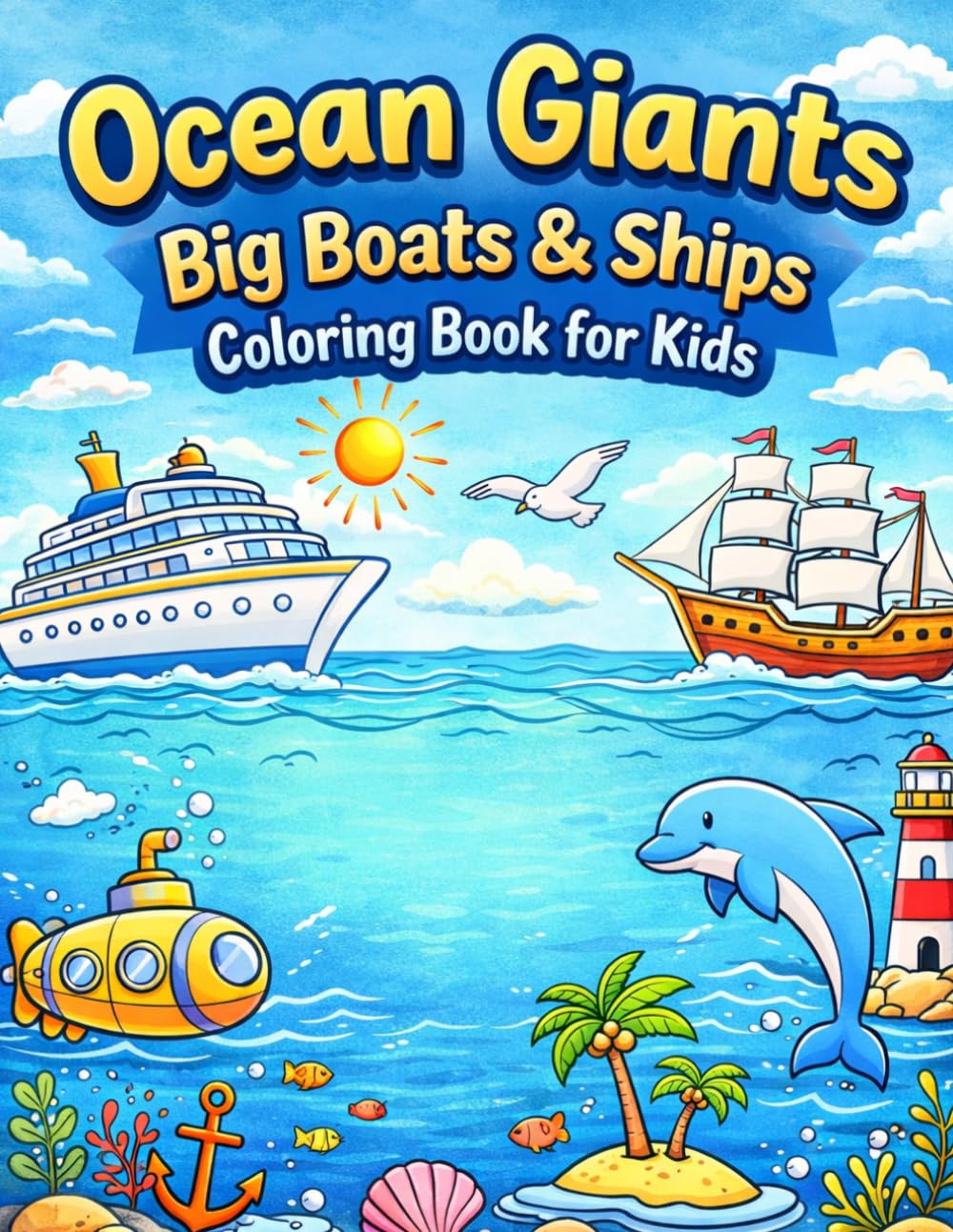 Ocean Giants: Big Boats & Ships Coloring Book for Kids: Bold and Easy Coloring Pages of Giant Ships, Boats & Sea Life for Young Explorers