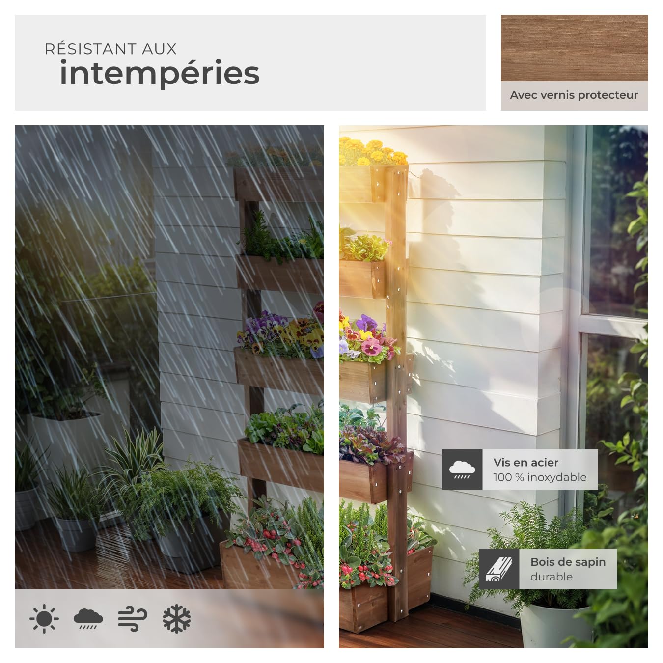 tectake® Jardinière Verticale, 81 x 52 x 180 cm 5 Niveaux, Système de Drainage et Toile de paillage, Jardiniere Haute Potager surélevé Pots de Fleurs Plantes aromatiques, Balcon Terrasse, Marron