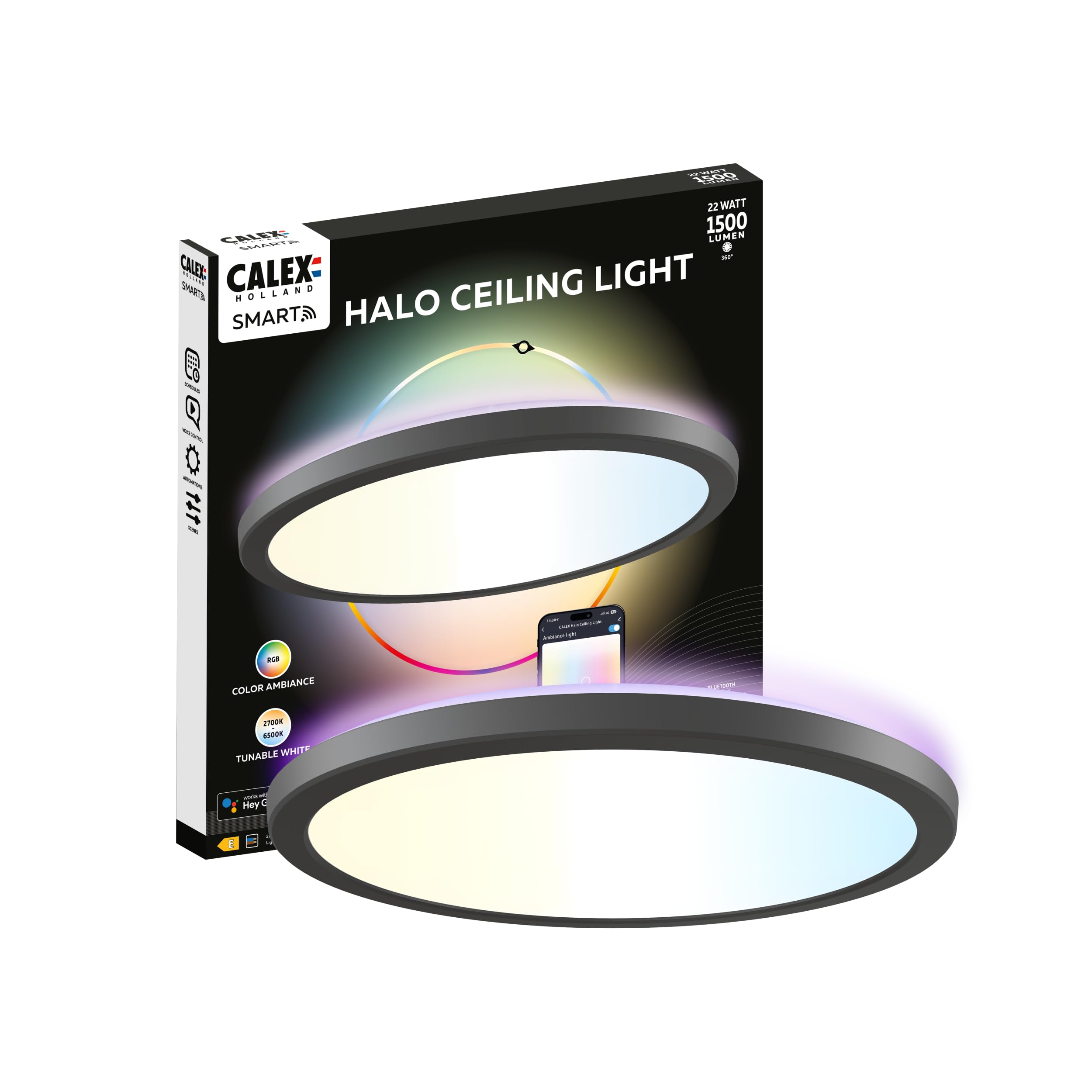 CALEX Halo Plafón Inteligente, 30cm, Luz RGB y Blanca Cálida, Negro