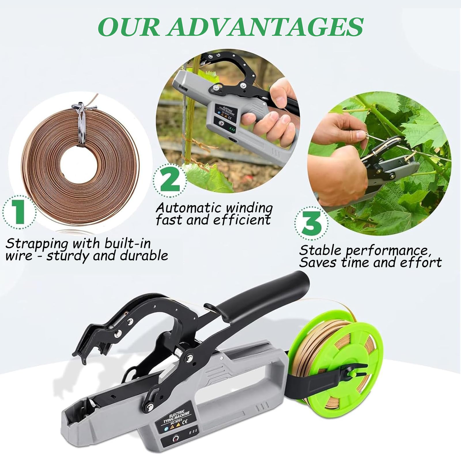 Herramienta atadora de vides con 2 Rollos de Cinta para Uvas, Tomates, pepinos, frambuesas y vides de hortalizas. Máquina eléctrica para Atar Ramas: Soporte para Plantas Esfuerzo.