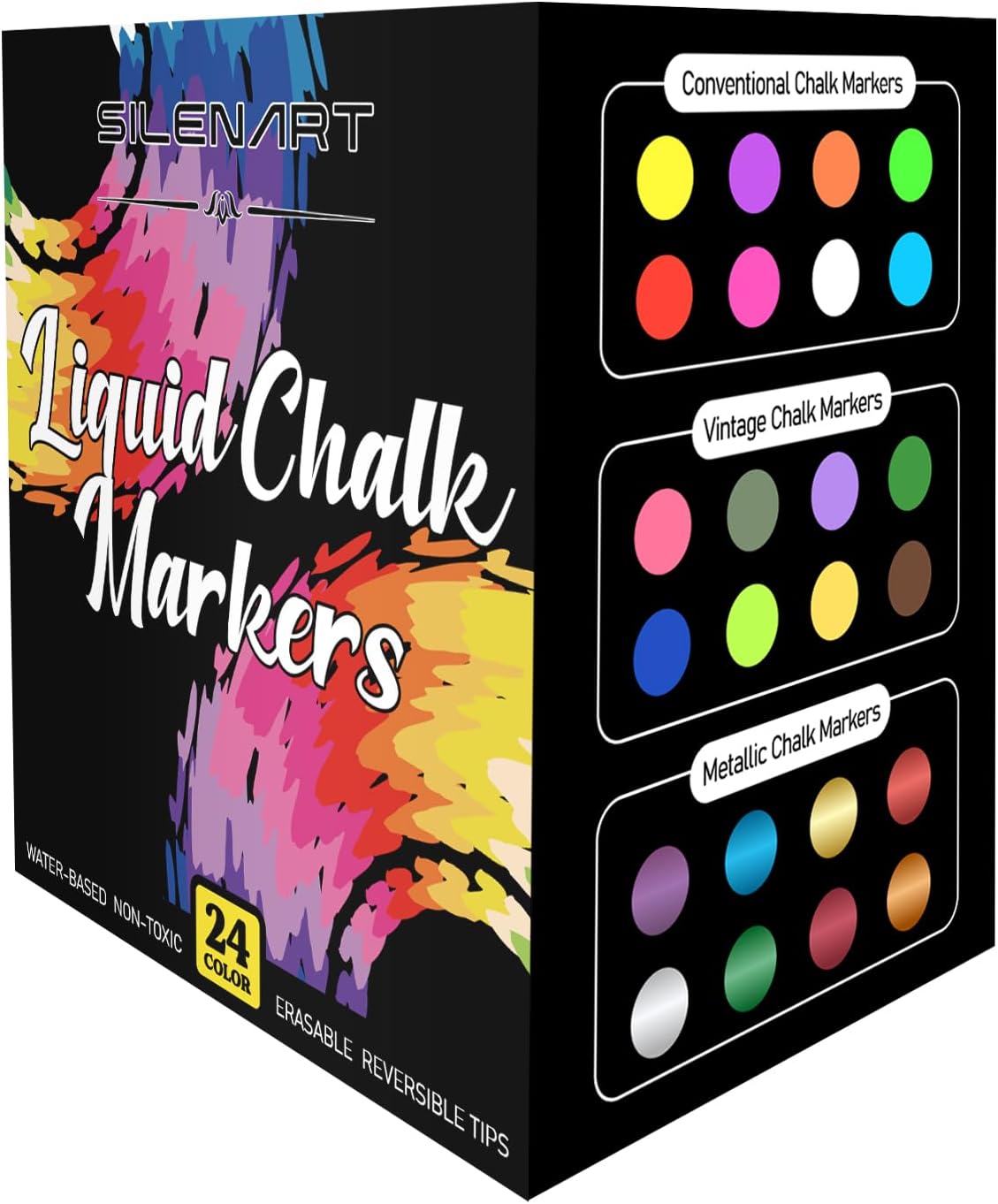 SILENART Chalk Markers Bulk – 24 Pack – 8 Neon, Metallic, and Vintage Chalkboard Markers – Liquid Chalk Marker for Blackboard, Chalkboard, Windows, Glass, Whiteboard and Dry Erase Board SILENART Chalk Markers Bulk – 24 Pack – 8 Neon, Metallic, and Vintage Chalkboard Markers – Liquid Chalk Marker for Blackboard, Chalkboard, Windows, Glass, Whiteboard and Dry Erase Board